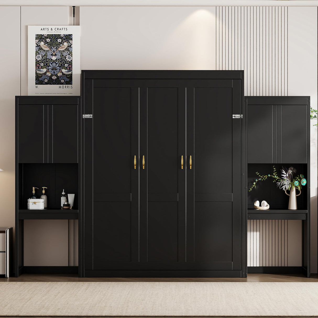 Merax Queen Size Murphy Bed with Desk, Storage Cabinets, Vanity and Mirror for Bedroom, Living Room, Apartment Merax