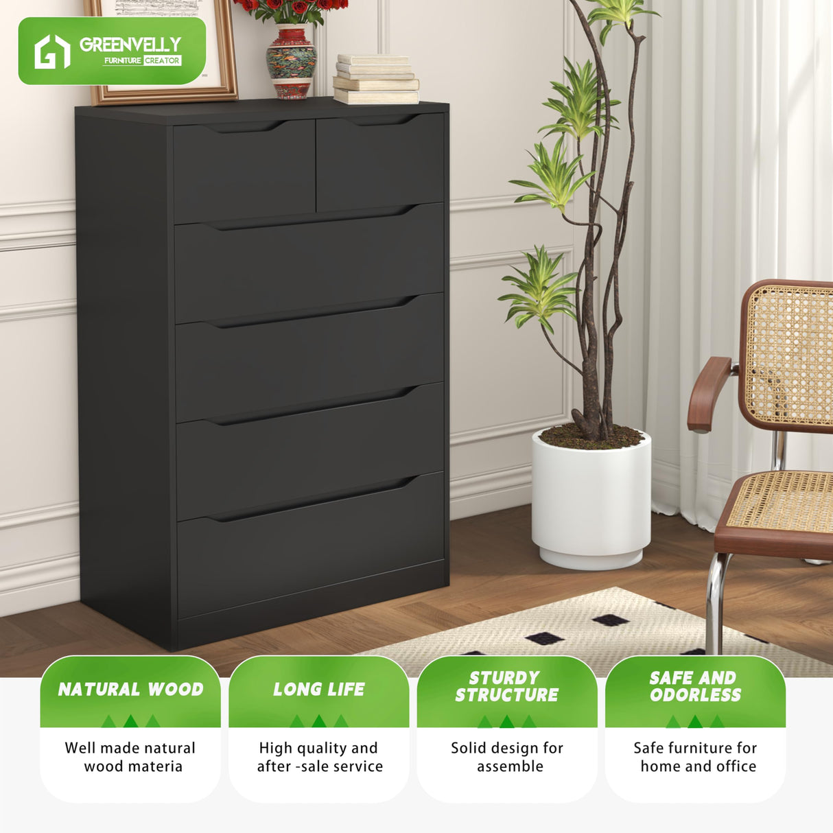 Greenvelly Black Dresser,Tall 6-Drawer Dresser for Bedroom, Wood Dresser with 6 Large Drawers, Wooden Dressers & Chests of Drawers, Black dresser with Smooth Metal Rail for Nursery, Women, Family Greenvelly