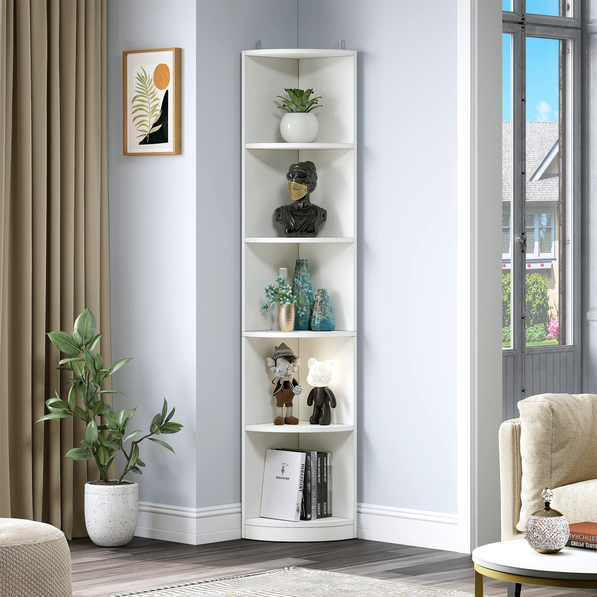 YITAHOME 5-Tier White Corner Bookshelf – Modern Free Standing Display Rack for Living Room and Home Office YITAHOME