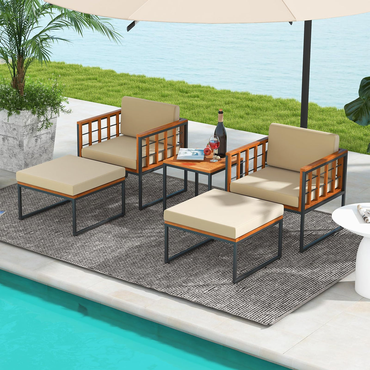 Tangkula 5 Pieces Acacia Wood Patio Furniture Set with Ottomans, Outdoor Conversation Set with Soft Cushions and Coffee Table for Poolside, Garden, Balcony and Backyard (Beige) Tangkula