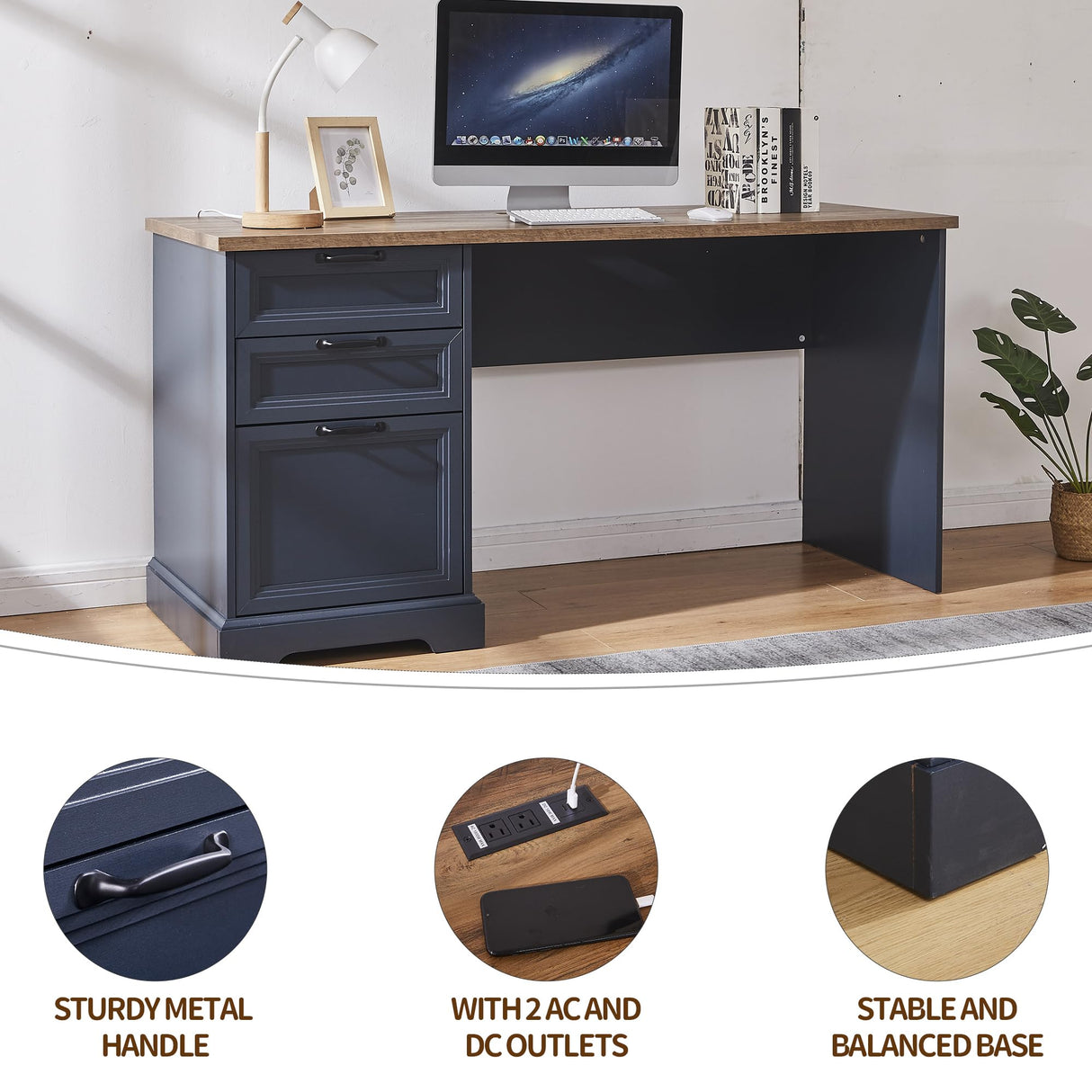 boknight 60" Farmhouse Executive Desk with Charging Station,Home Office Desk with 2 Drawers &1 File Cabinet,Wood Work Desk for Office and Home (Blue) boknight