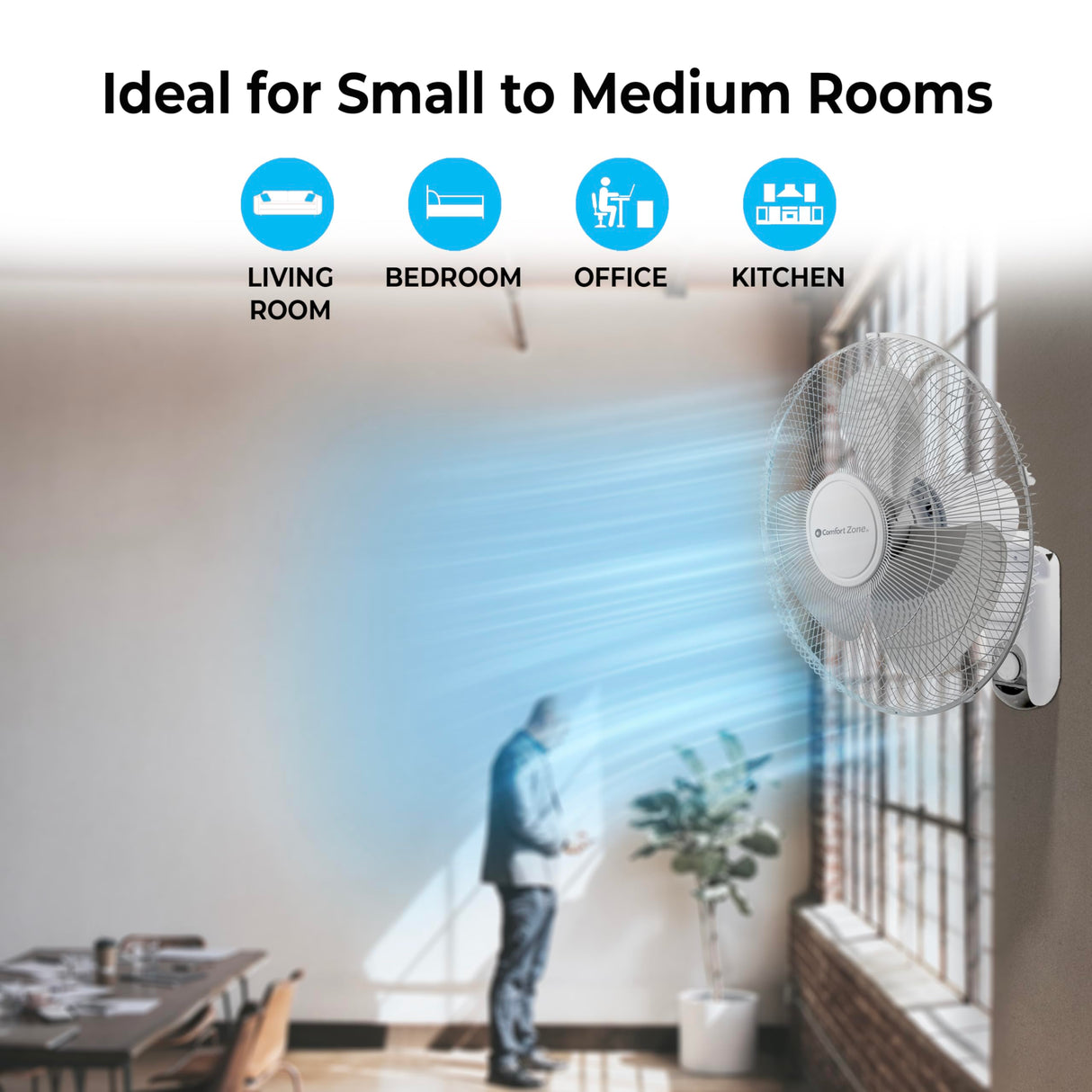 Comfort Zone Oscillating Wall Mount Fan with Adjustable Tilt, 16 inch, 3 Speed, Metal Grille, 90 Degree Oscillation, Airflow 14.07 ft/sec, Ideal for Home, Bedroom, Gym & Office, CZ16W Comfort Zone