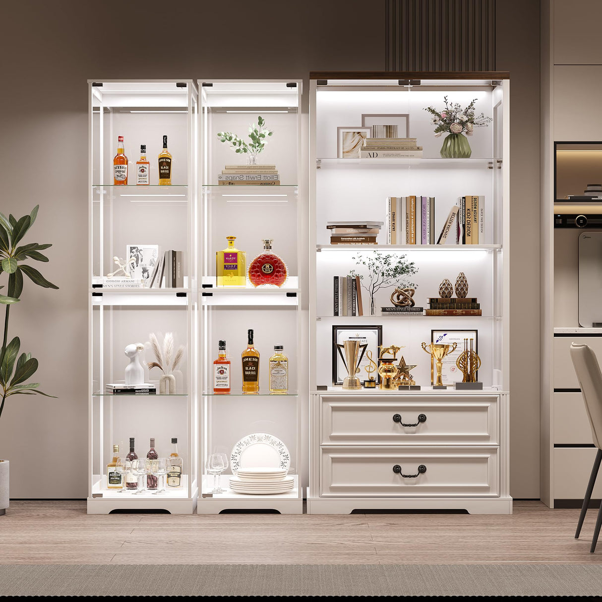 Glass Display Cabinet with Doors, 65" Tall 4-Tier Curio Display Case with 3 Color Lights and Human Body Sensor, Bookcase for Collectibles, White WEQUB