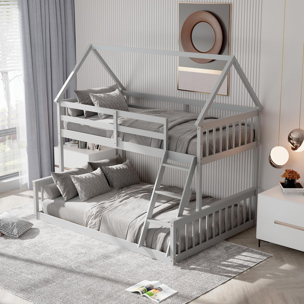 Giantex Wood Twin Over Full Bunk Bed, Solid Wood House Bed Frame Built in Ladder & Safety Guardrails, Convertible to 2 Beds, Floor Bunk Bed for Kids Teens Juniors, No Box Spring Needed, Grey Giantex