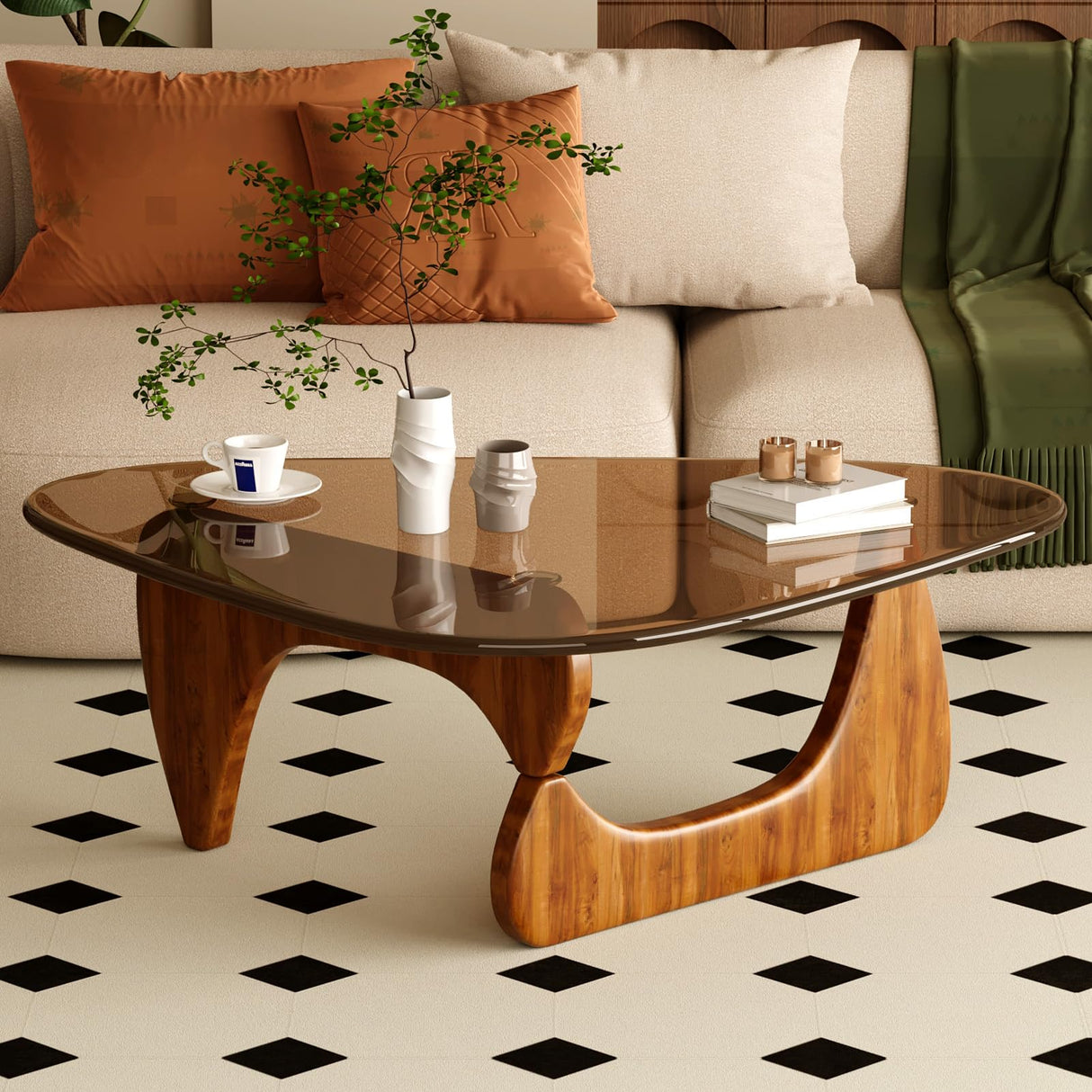 JCAJCA Coffee Table for Living Room Mid Century Modern Center Table with Glass Top and Wood, Brown/Walnut JCAJCA