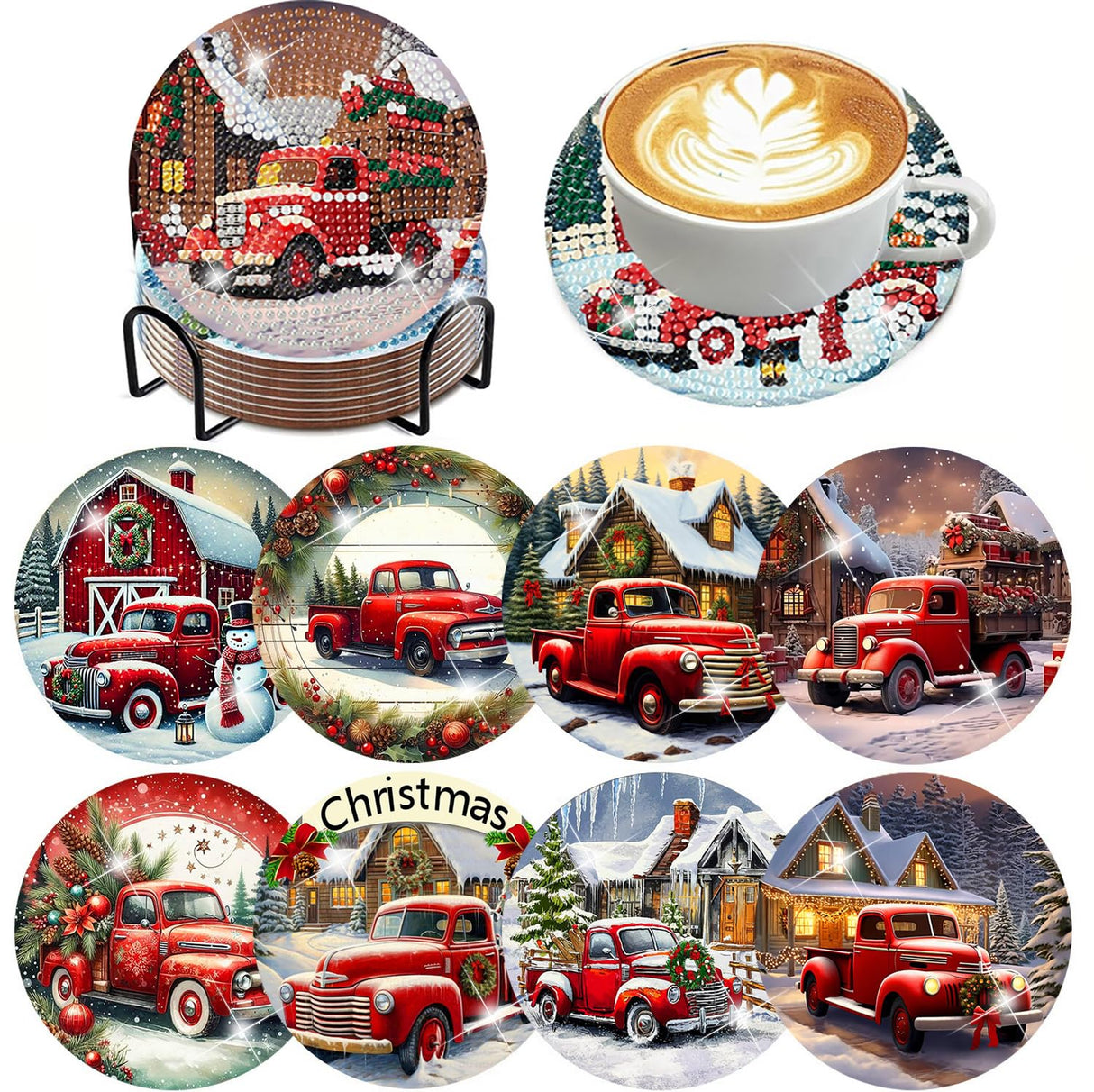 ijbnhd 8 PCS Christmas Diamond Art Coasters Kit, Christmas Truck Diamond Painting Coasters with Holder, Arts and Crafts Supplies Astral 4X4inch (Cork Wooden Pad) ijbnhd