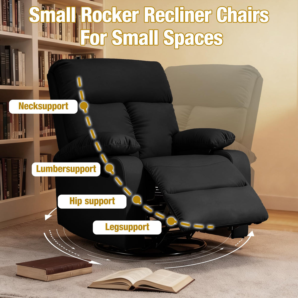 GNMLP2020 Rocking Recliner, 360° Swivel Recliner Chairs for Adults, Small Rocker Recliners for Small Spaces, Living Room, Bedroom, Nursery, RV, Black GNMLP2020