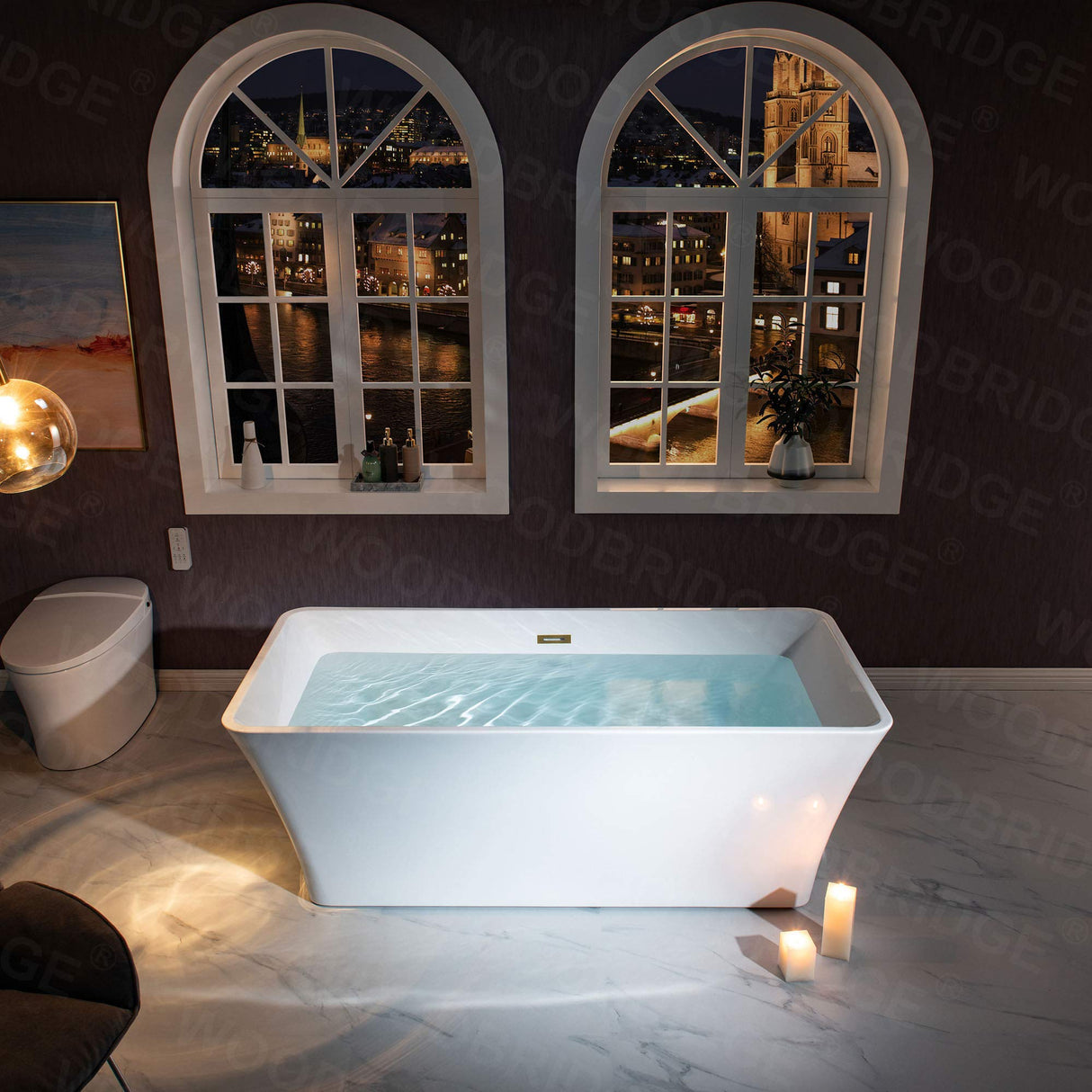 WOODBRIDGE 67" Acrylic Freestanding Bathtub Contemporary Soaking White Tub with Brushed Gold Overflow and Drain,BTS1609 -BG-Drain &O WOODBRIDGE