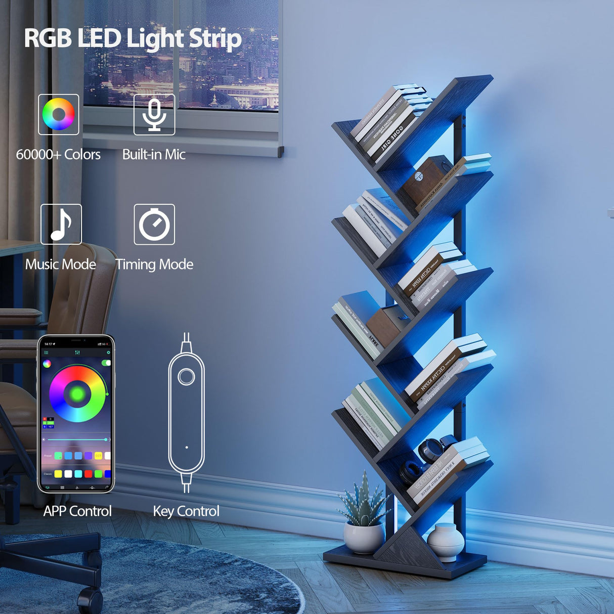 JARHETUN 9 Tier Tree Bookshelf with LED Light, Floor Standing Bookcase, Narrow Bookshelves for Books/CDs/Magazine, Wood Storage Rack for Bedroom, Home Office, Living Room, Black JARHETUN