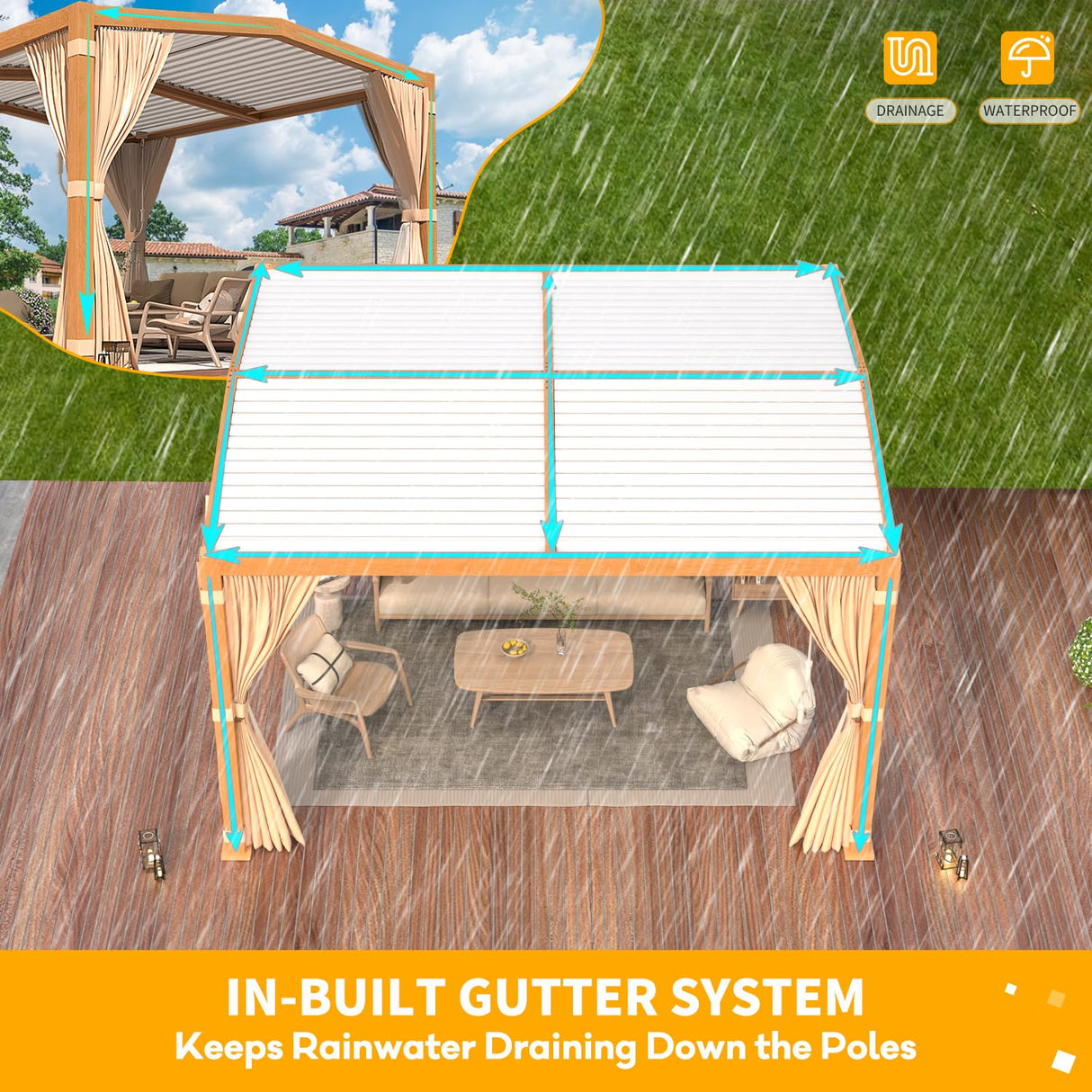 YOLENY Louvered Pergola 11x13, All Aluminum Pergola with Adjustable Rainproof Pitched Roof, Outdoor Pergola with Waterproof Curtains and Nets, Woodgrain YOLENY