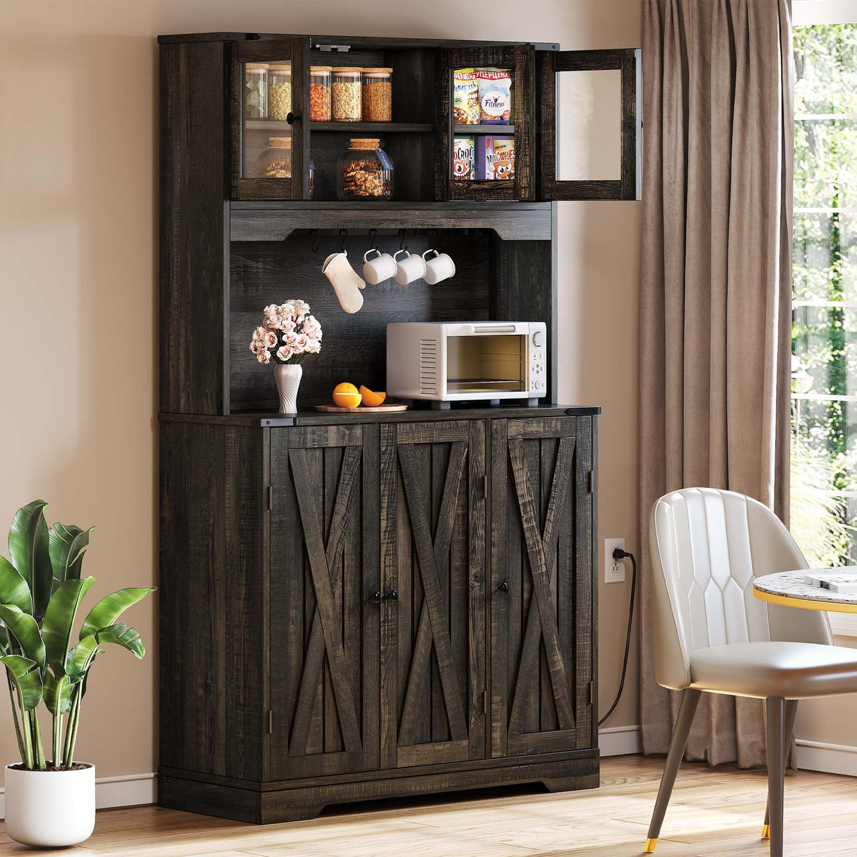 DWVO 71" Tall Kitchen Pantry Storage Cabinet with Charging Station, Kitchen Hutch Cabinet with Storage Drawers, Farmhouse Freestanding Cupboard Cabinet for Dining Room,Dark Rustic Oak DWVO