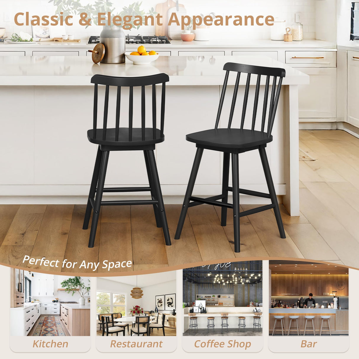 LUE BONA 360° Swivel Bar Stools Set of 4, Black Windsor Barstools, Counter Height Barstool with Spindle Back, 24 inch Farmhouse Wooden Counter Stools for Kitchen Island, Pub, Bistro, Cafe LUE BONA