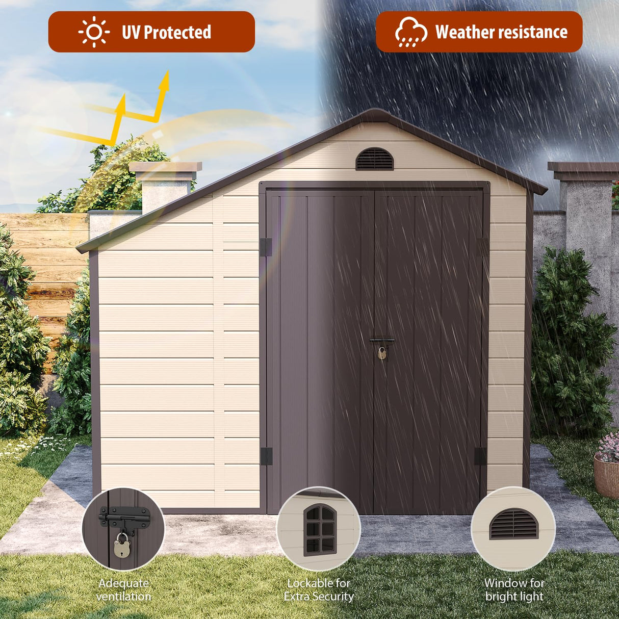 BIGoods 8.5 ft. W x 6.3 ft. D Resin Outdoor Patio Storage Shed with Firewood Rack, Floor and Lockable Door BIGoods