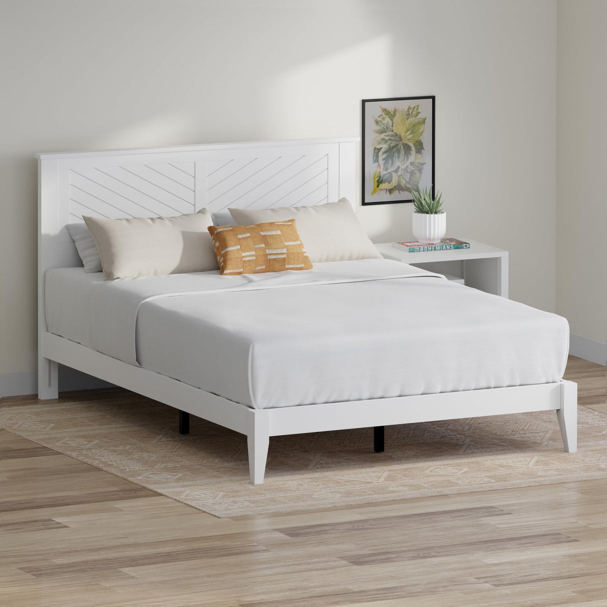 Serene Farmhouse Style Wood Bed Frame in Queen Size with Chevron Scoring Headboard, Coastal Modern Design, Sturdy, Easy Assembly, Ample Underbed Storage, White Finish ComfIQ