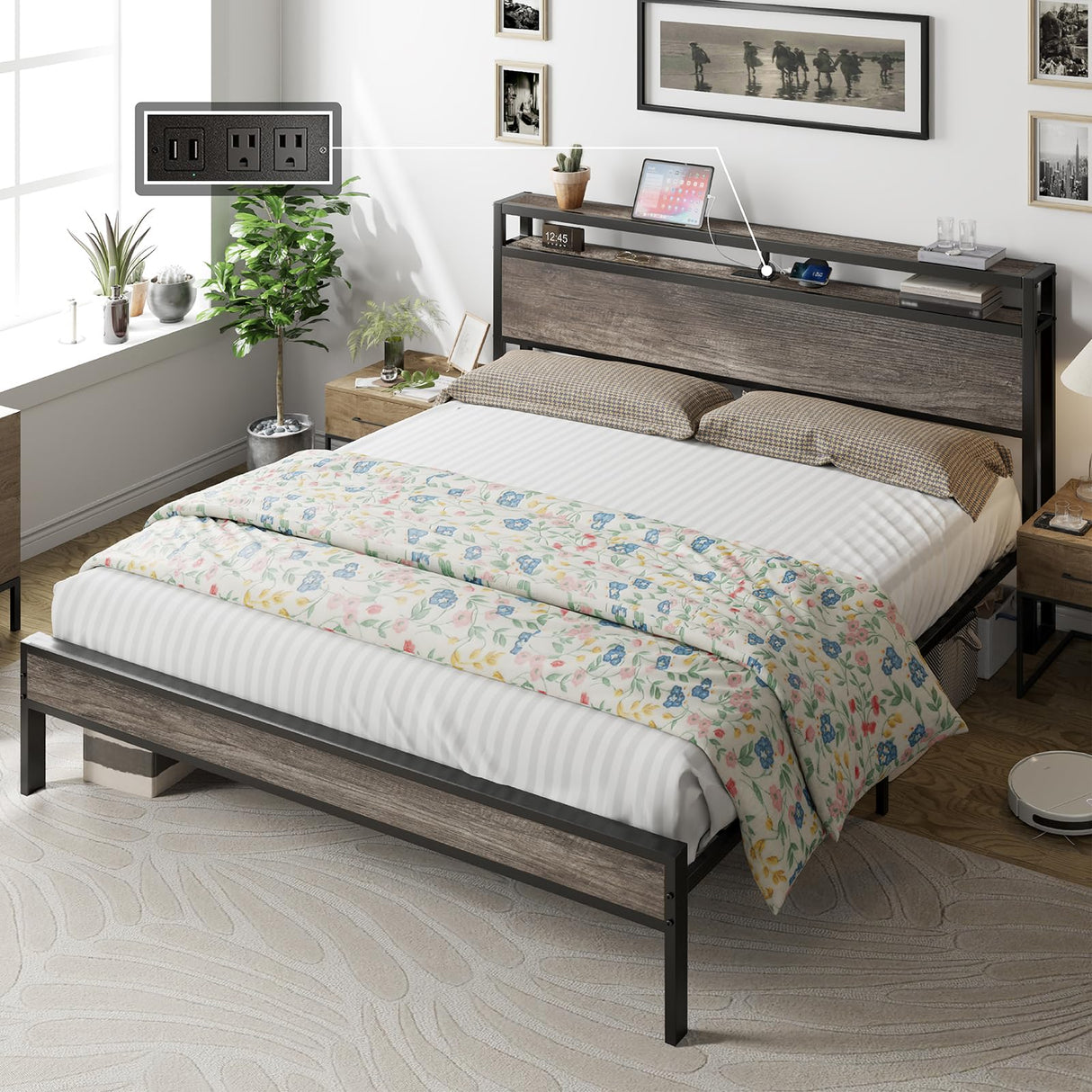 AMERLIFE King Size Industrial Platform Bed with Charging Station and 2-Tier Storage Headboard in Rustic Grey AMERLIFE