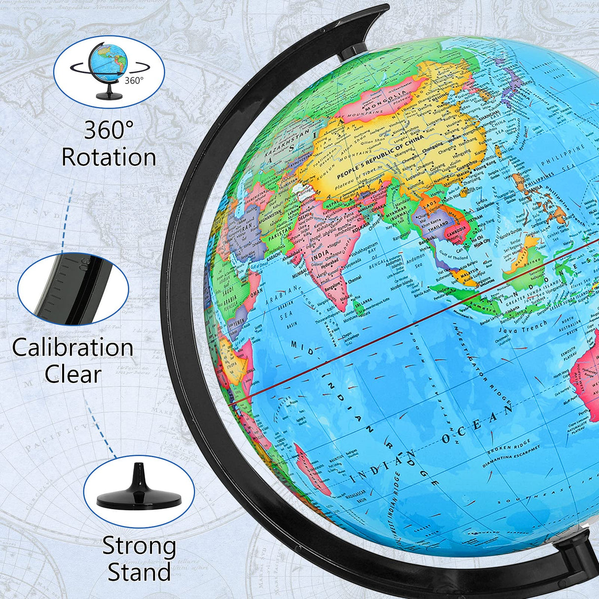 World Globe with Stand, 13" Geography Educational Globe for Students & Teachers, 360° Spinning Globe, Full Length 19.7 inch World Globes for GOCHANGE