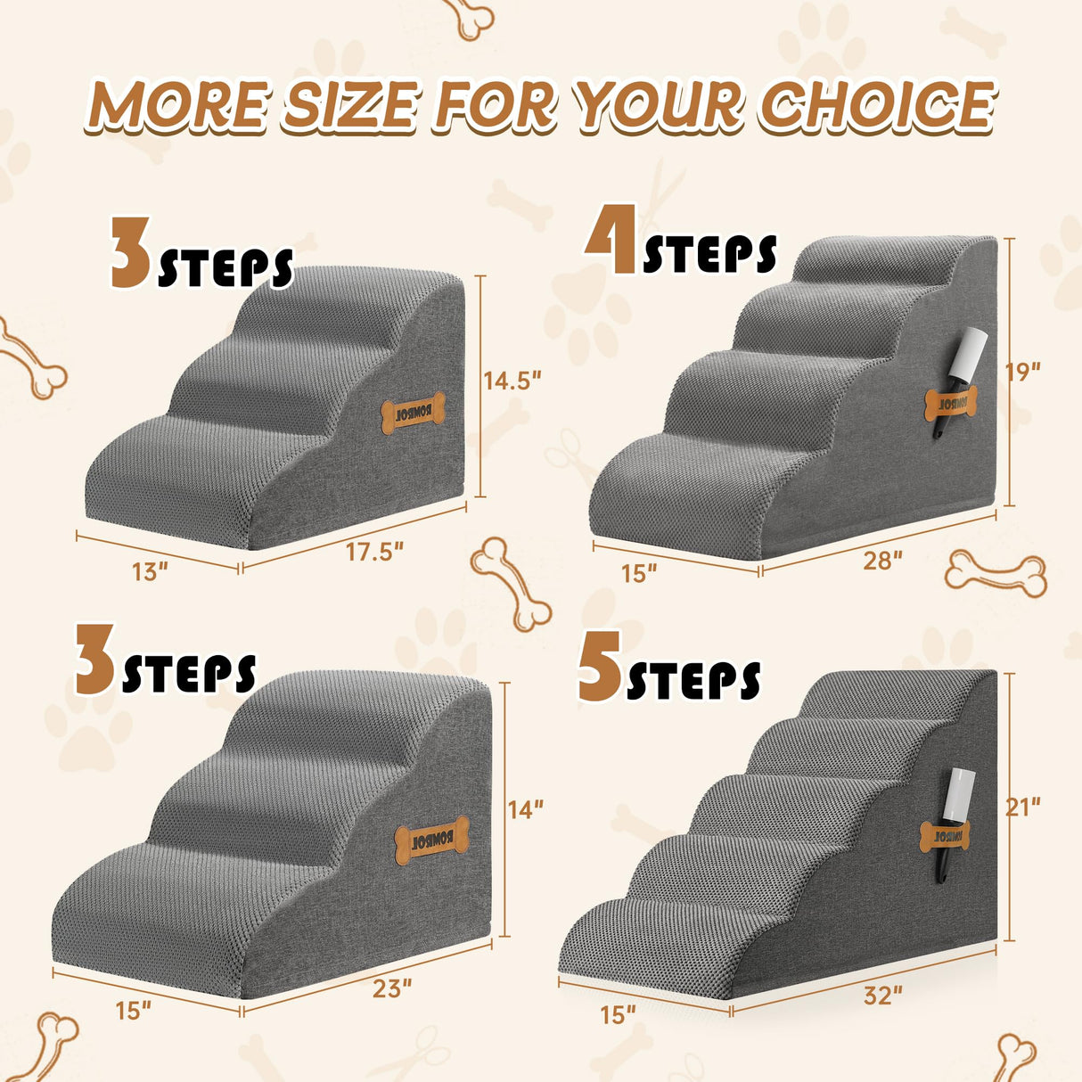 Romrol Dog Stairs Ramp for Beds Couches, Extra Wide Pet Steps with Durable Non-Slip Waterproof Fabric Cover, Dog Slope Stairs for Small Dogs and Cats or Pets Friendly, 3-Tiers ROMROL