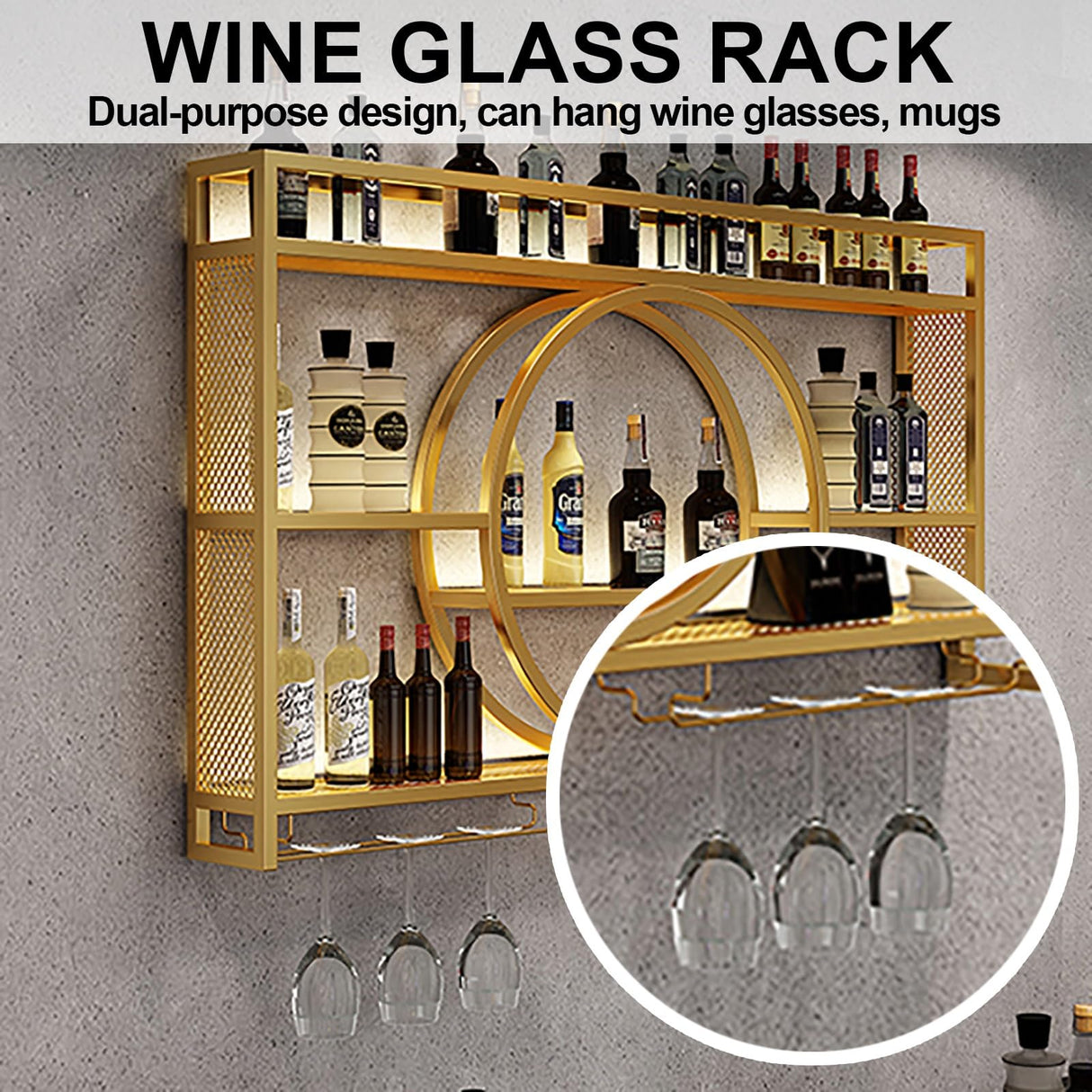 Wine Rack Wall Mounted 3 Tier Metal, Floating Shelves For Kitchen With LED Light, Hanging Floating Bar Liquor Bottles Bar Wall Shelves, Liquor Bar Display Shelf, For Home Bars Kitchen(Black,100x80x15c Qxgylz