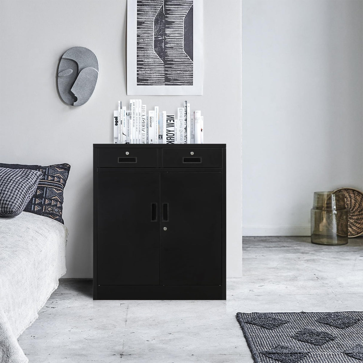 YEEZER Metal Storage Cabinet with 2 Drawers. Lockable Steel Storage Cabinet with Doors and Shelve, 37”H Office Cabinet for Home, Garage, Warehouse with Large Storage Space. (Black) YEEZER