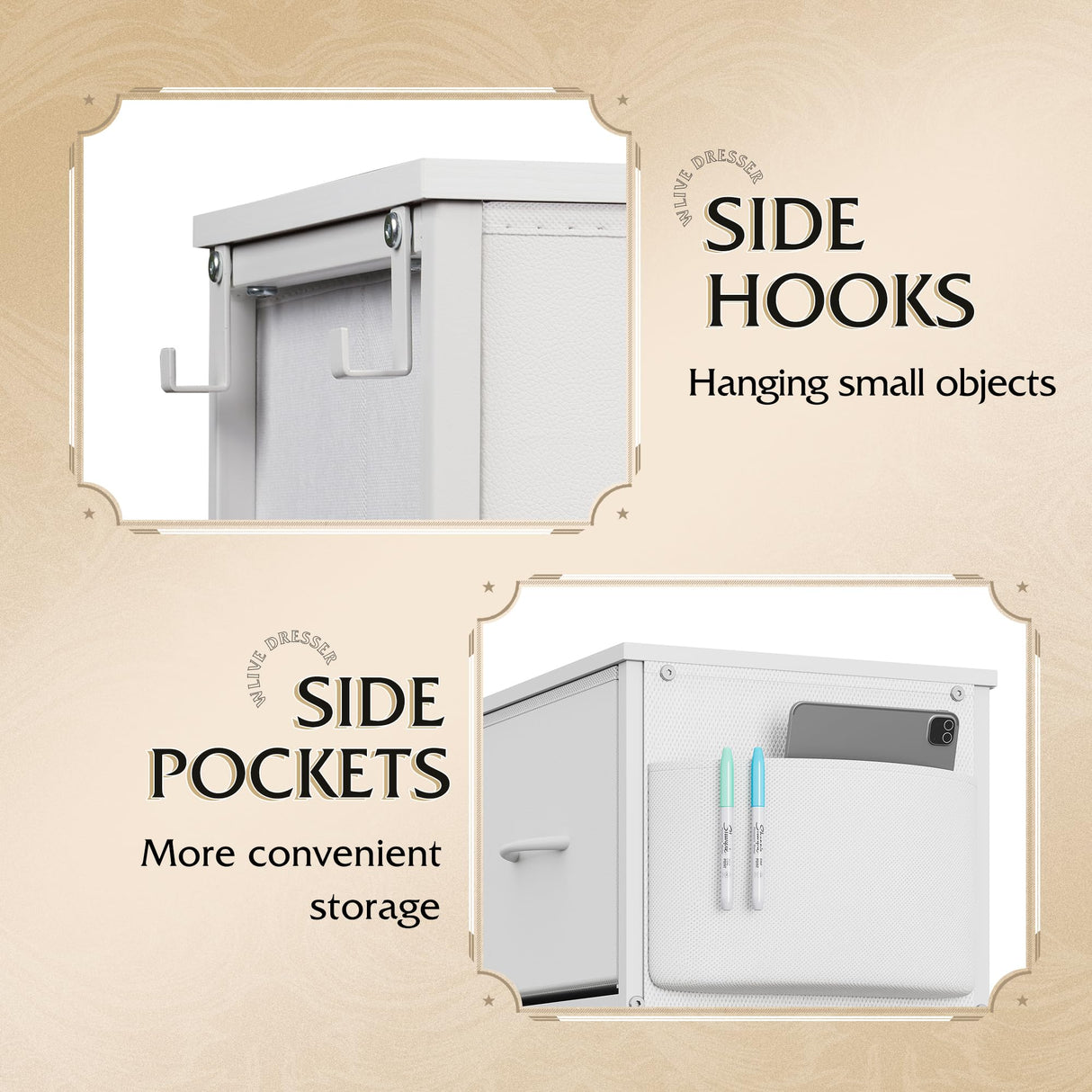 WLIVE White Dresser for Bedroom with 10 Drawers, Chest of Drawers with Side Pockets and Hooks, PU Storage Dresser, Sturdy Metal Frame, Drawers Organizer Unit for Living Room, Hallway, Closet WLIVE