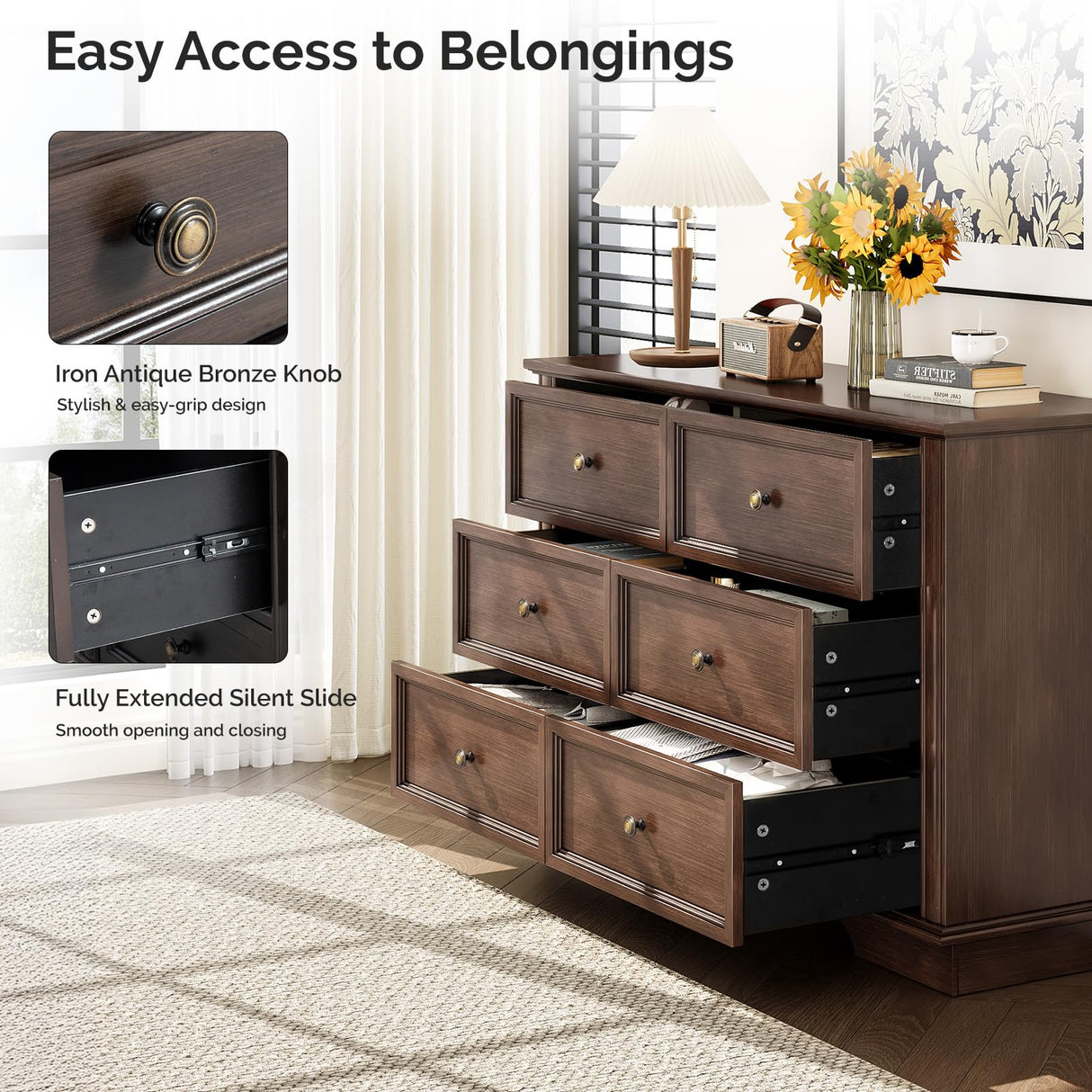VINGLI 6 Drawer Dresser Wood, 47" Long Dresser for Bedroom, Chest of Drawers, French Vintage Brown Dressers for Living Room, Hallway, 47.24" W*15.75D*31.5" H VINGLI