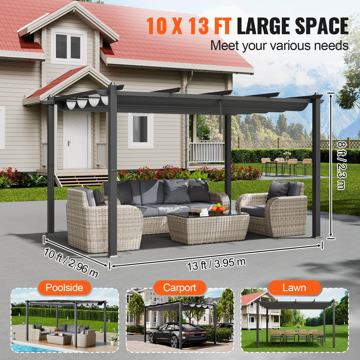 VEVOR 10'x13' Outdoor Retractable Pergola with Canopy, Aluminum Pergola with Retractable Canopy, Modern Pergola with Sun Shade Canopy for Patios, Gardens, Decks, Backyards (Gray) VEVOR