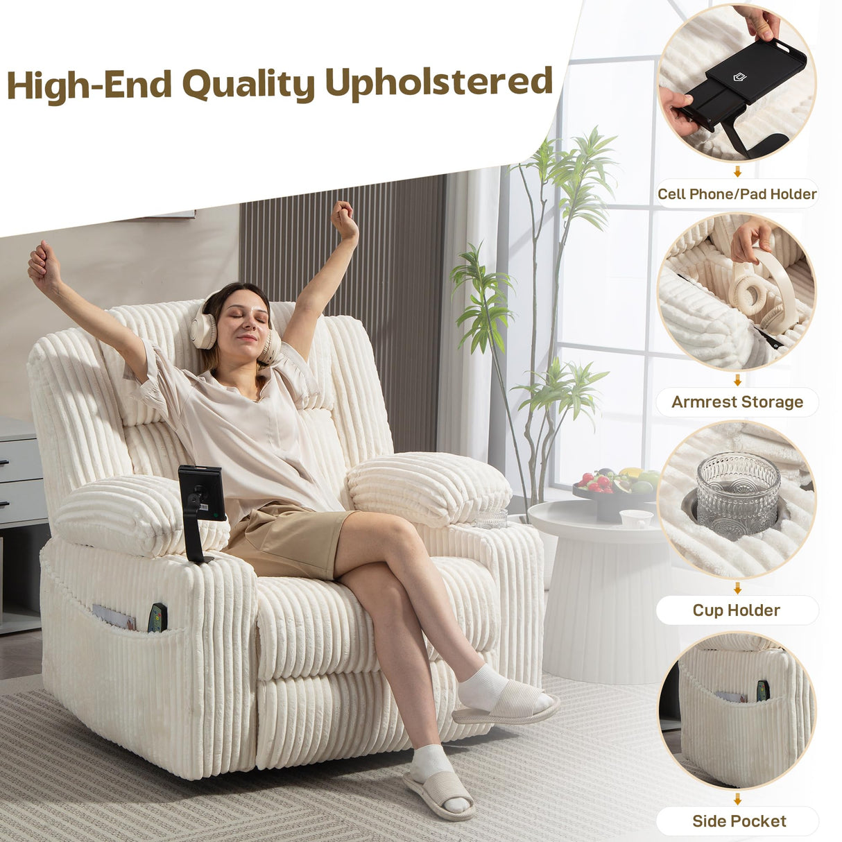 SINCRUMI Power Oversized Swivel Rocker Recliner with Dual Motor Adjustable Headrest for Adults, Glider Rocking Chair with Vibration and Heat, USB A&C Ports, Armrest Storage, Cup Holder, Cream White SINCRUMI