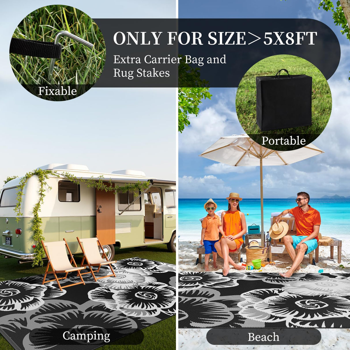 MontVoo Outdoor Rug-Waterproof Patio Rug Mat 5x8 ft Outdoor Carpet Mat Reversible Plastic Straw Outside Outdoor Rug for RV Camping Picnic Beach Balcony Backyard Pool Deck Porch Farmhouse Floral Black MontVoo