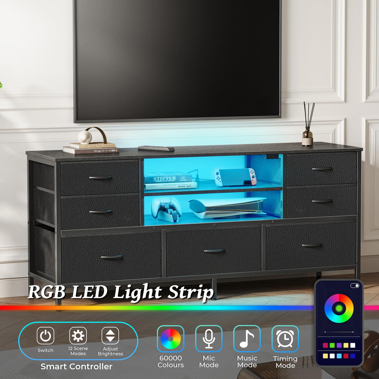 Huuger Dresser for Bedroom with Power Outlets and LED Lights, 7 Drawers TV Stand Dresser for 55 Inch TV, 47 Inches TV Console with Open Shelf, Wide Black Dresser, PU Leather, for Bedroom Huuger