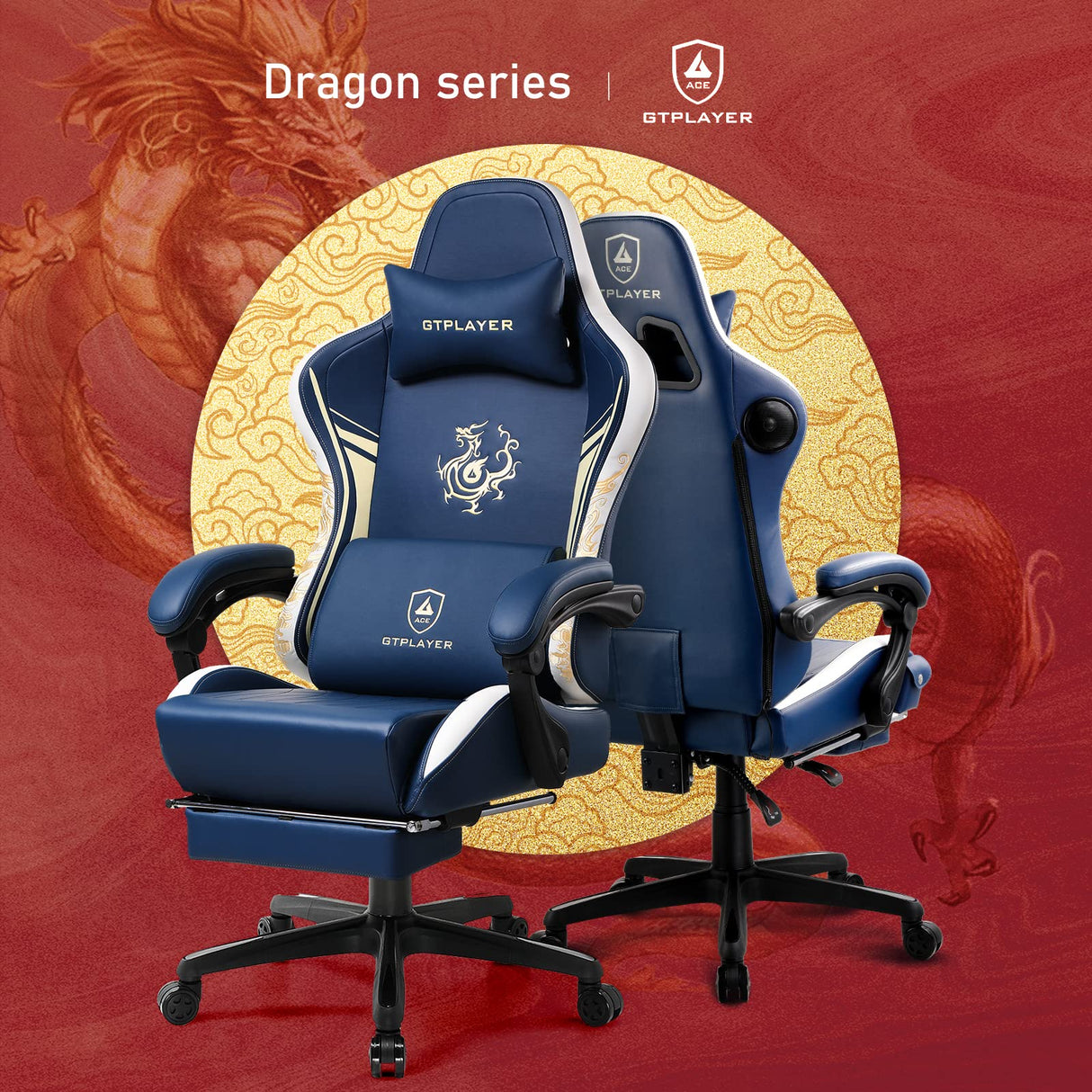 GTPLAYER Gaming Chair with Bluetooth Speakers and Footrest, Dragon Series Video Game Chair ,Heavy Duty, Ergonomic, Esports Computer Office Chair Blue (Royal Blue) GTPLAYER