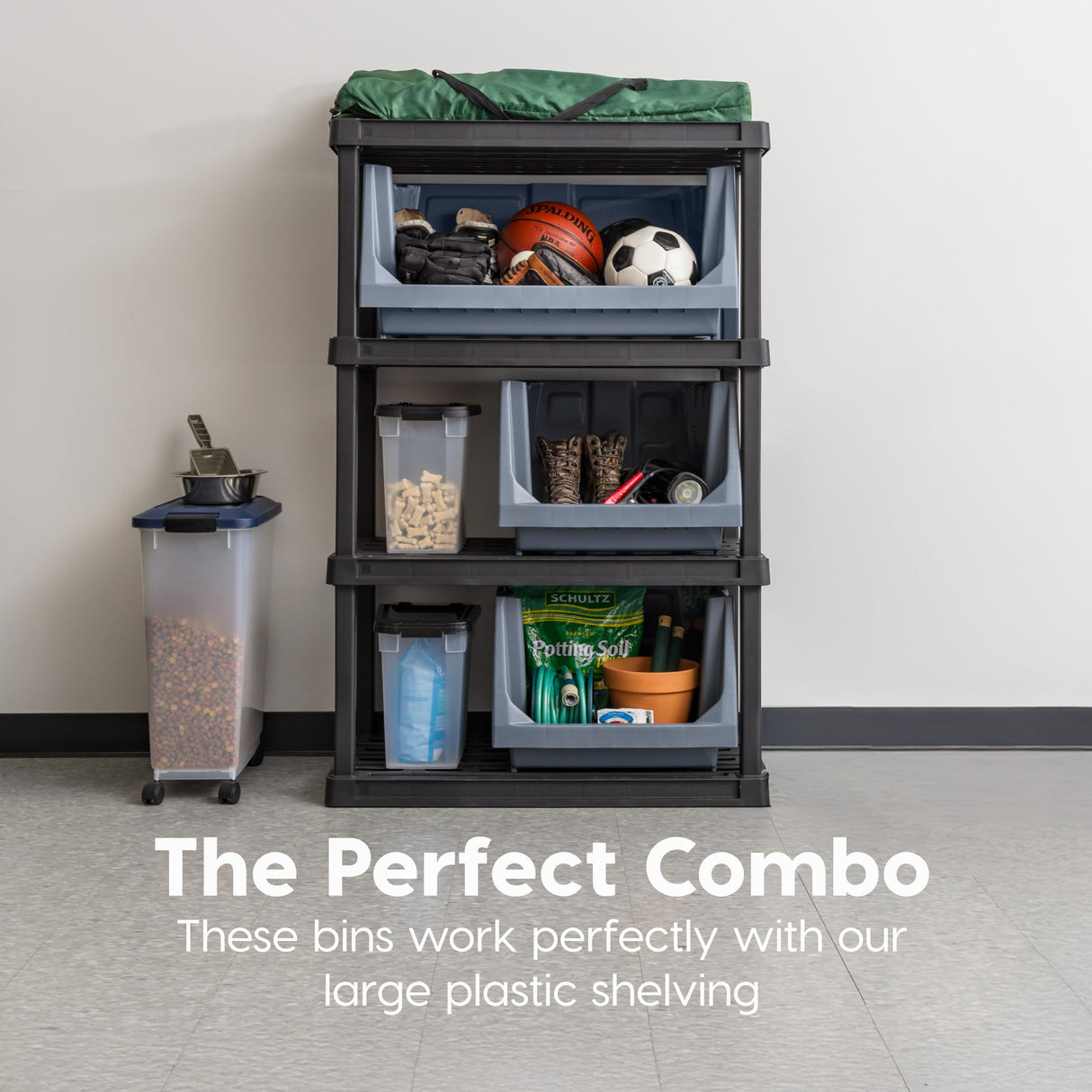 IRIS USA Open Front Storage Bins, Large - 3 Pack, Heavy Duty Garage Storage, Stackable Storage Bins, Tools Hose Household Product Sporting Goods, Wide Open Front, Interlocked Secure Stacking, Gray IRIS USA