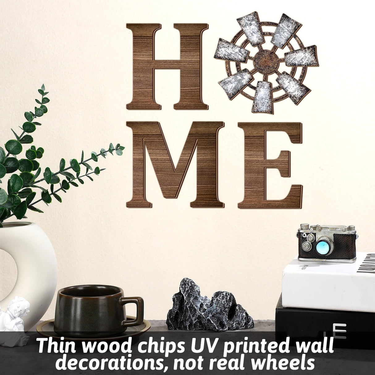 Qunclay 4 Pcs Windmill Wall Decor Wooden Home Letters Decoration Rustic Farmhouse Home Hanging Wood Sign Farmhouse Wall Decor for Living Room Kitchen Bedroom Porch(Brown) Qunclay