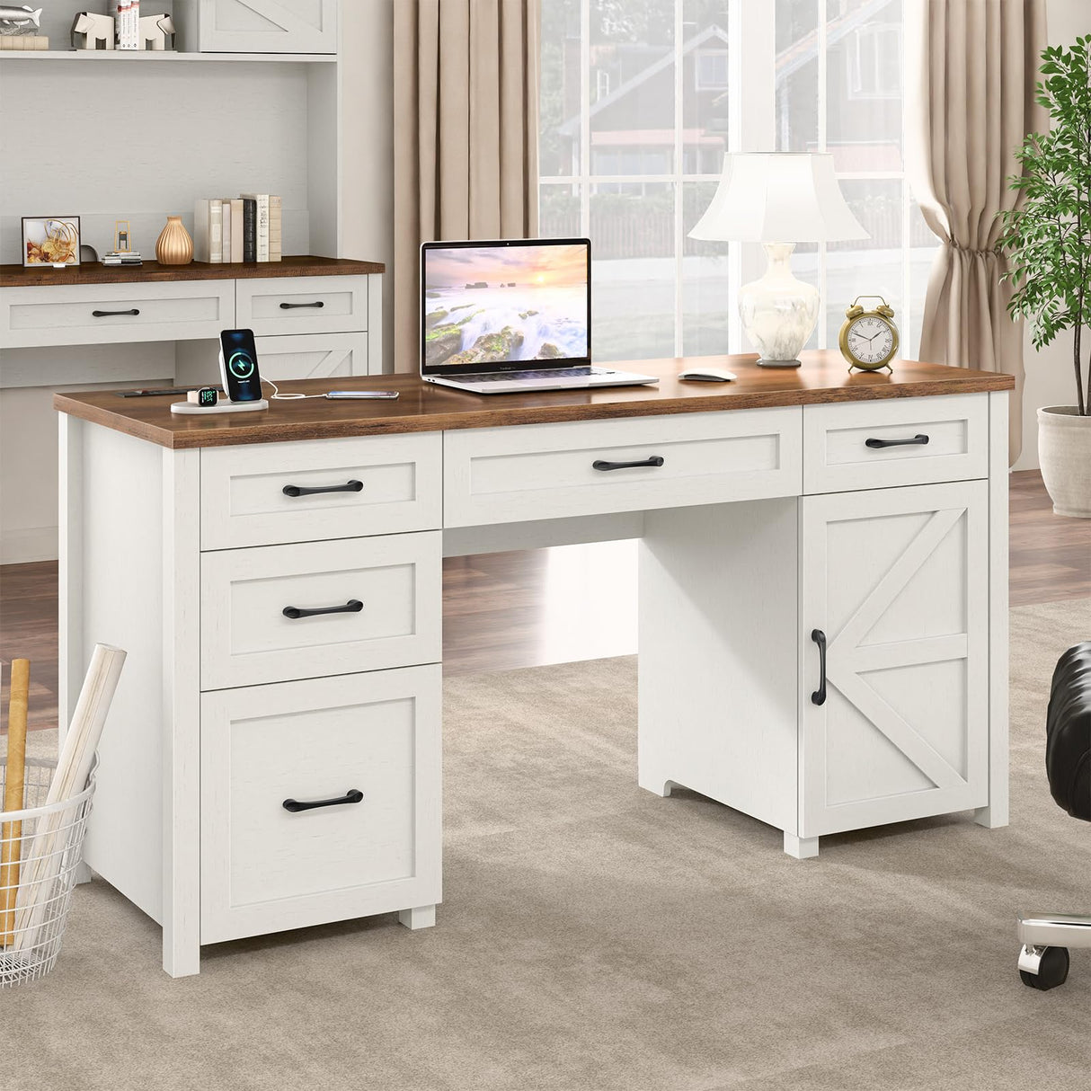 Farmhouse 61'' Executive Desk with 5 Drawers, Rustic Office Desk Computer Desk with Charging Station, File Drawers and Storage Cabinet, Wood Workstation for Home Office and Study, Unique White Halitaa