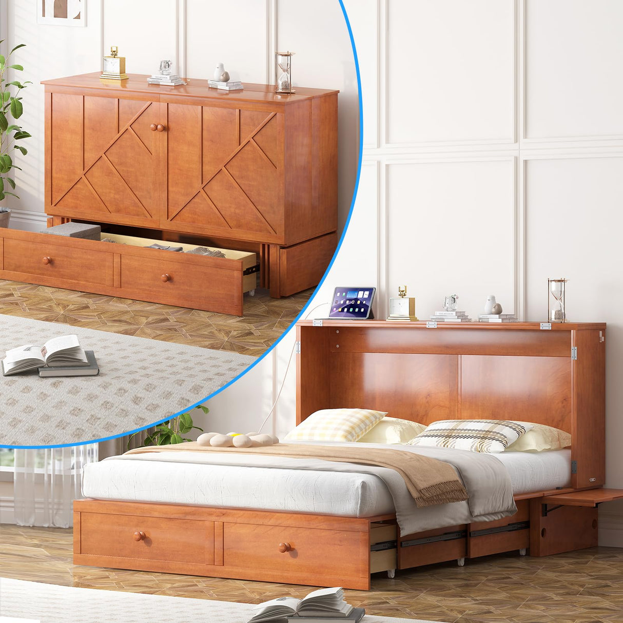 PUREMIND Murphy Bed Queen with Mattress Included - Solid Wood Hideaway Cabinet Bed with 2 Storage Drawers, USB Charging Ports & Headboard - Space-Saving Chest Beds for Home, Guest Room, Cherry PUREMIND