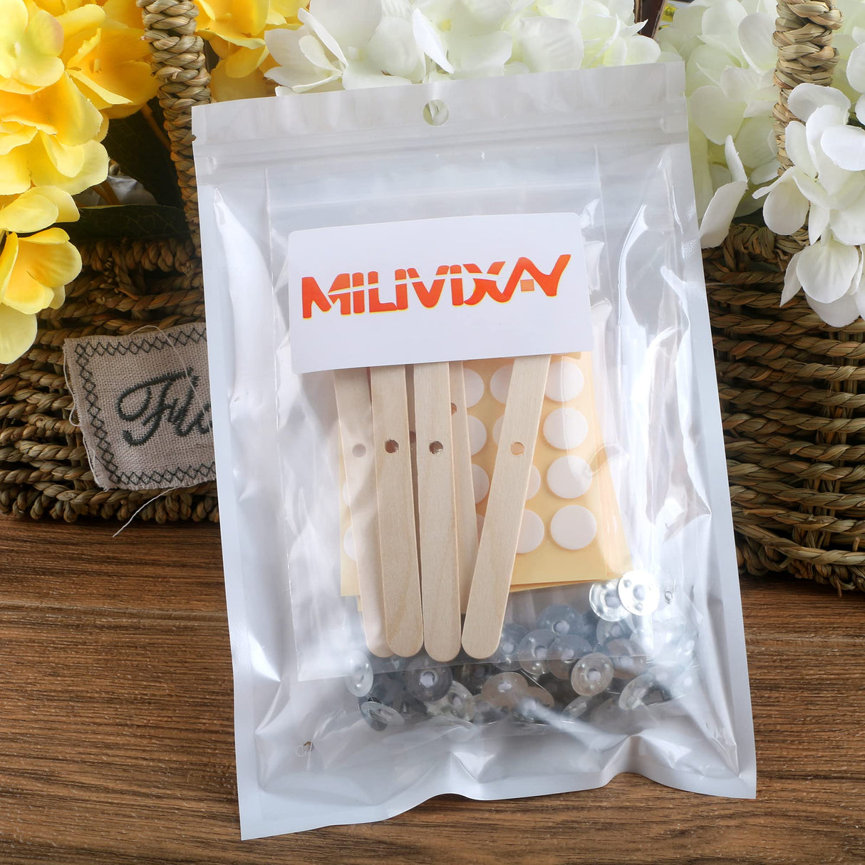 MILIVIXAY 3.5" Candle Wick Bundle: 100PCS Candle Wicks, 100PCS Candle Wick Stickers and 6PCS Wooden Candle Wick Holders - Wicks Coated with Paraffin Wax, Cotton Wicks Kits for Candle Making. MILIVIXAY