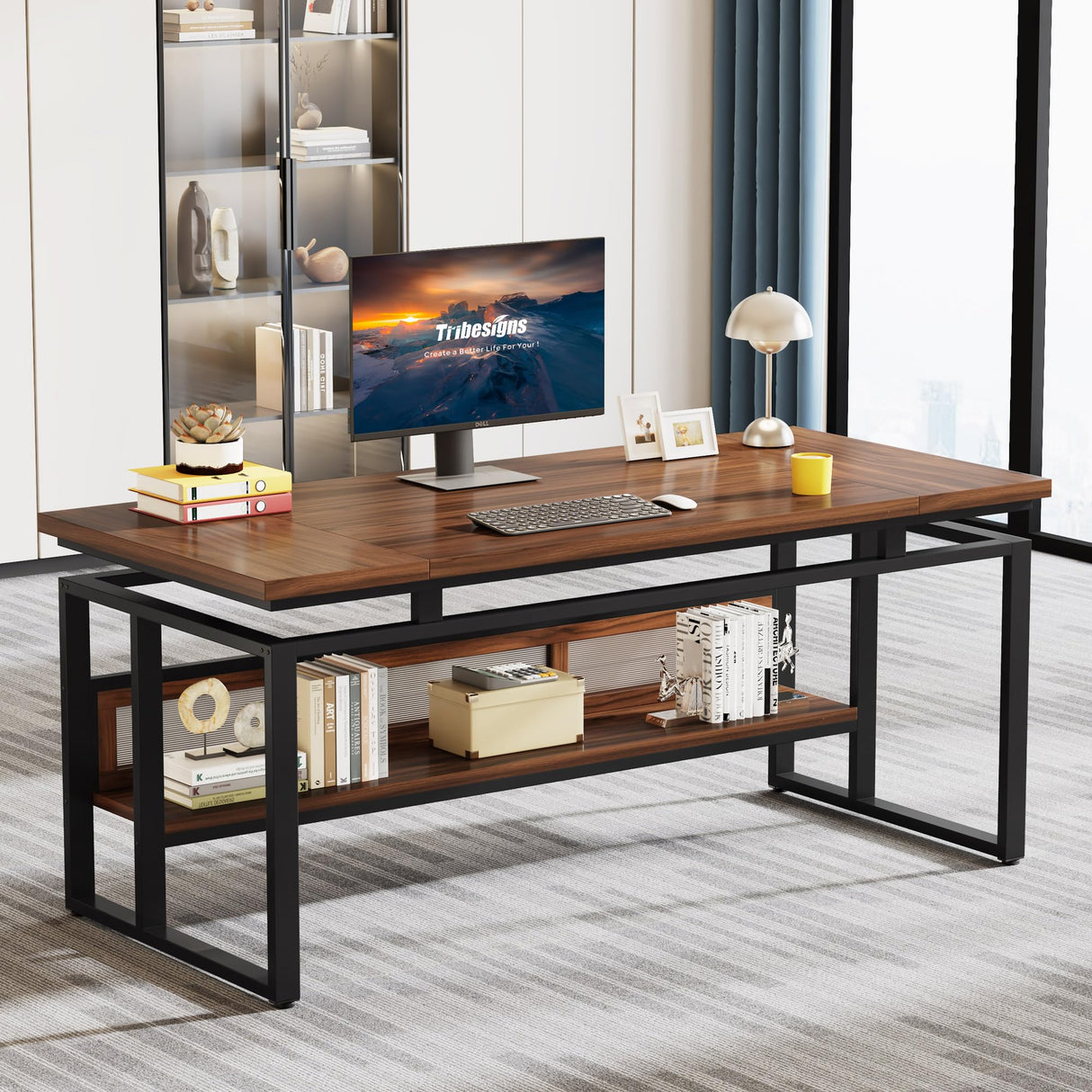 Tribesigns 63" Executive Desk with Bottom Hidden Shelf, Large Computer Desk Office Desk with Thickened Board and Frame, Workstation Writing Table for Home Office, Rustic Brown & Black Tribesigns