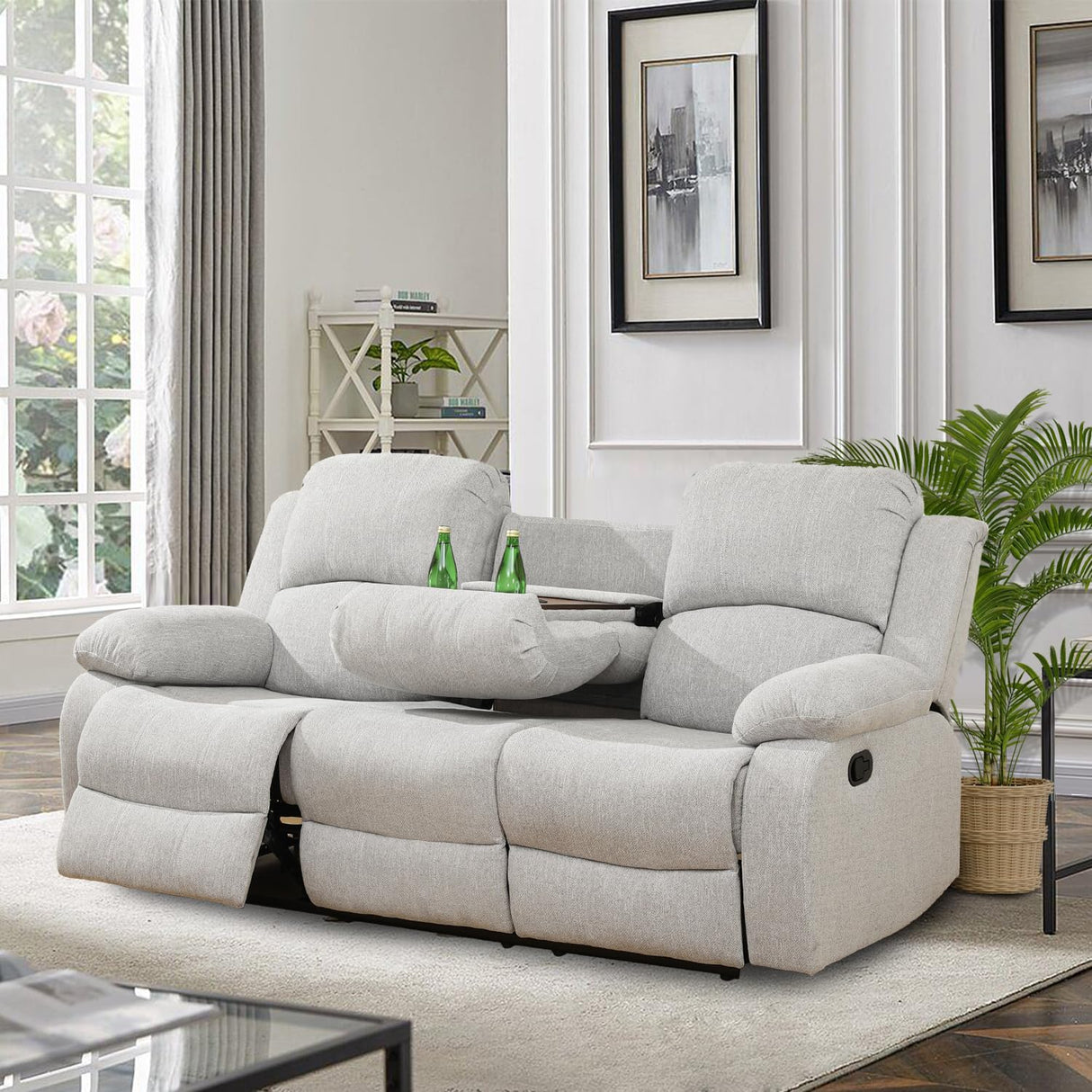 GEBADOL Manual Recliner Sofa Set, 3 Pieces Reclining Sofa Loveseat with Chair, Grey White Microfiber Recliner Couch Set for Living Room GEBADOL