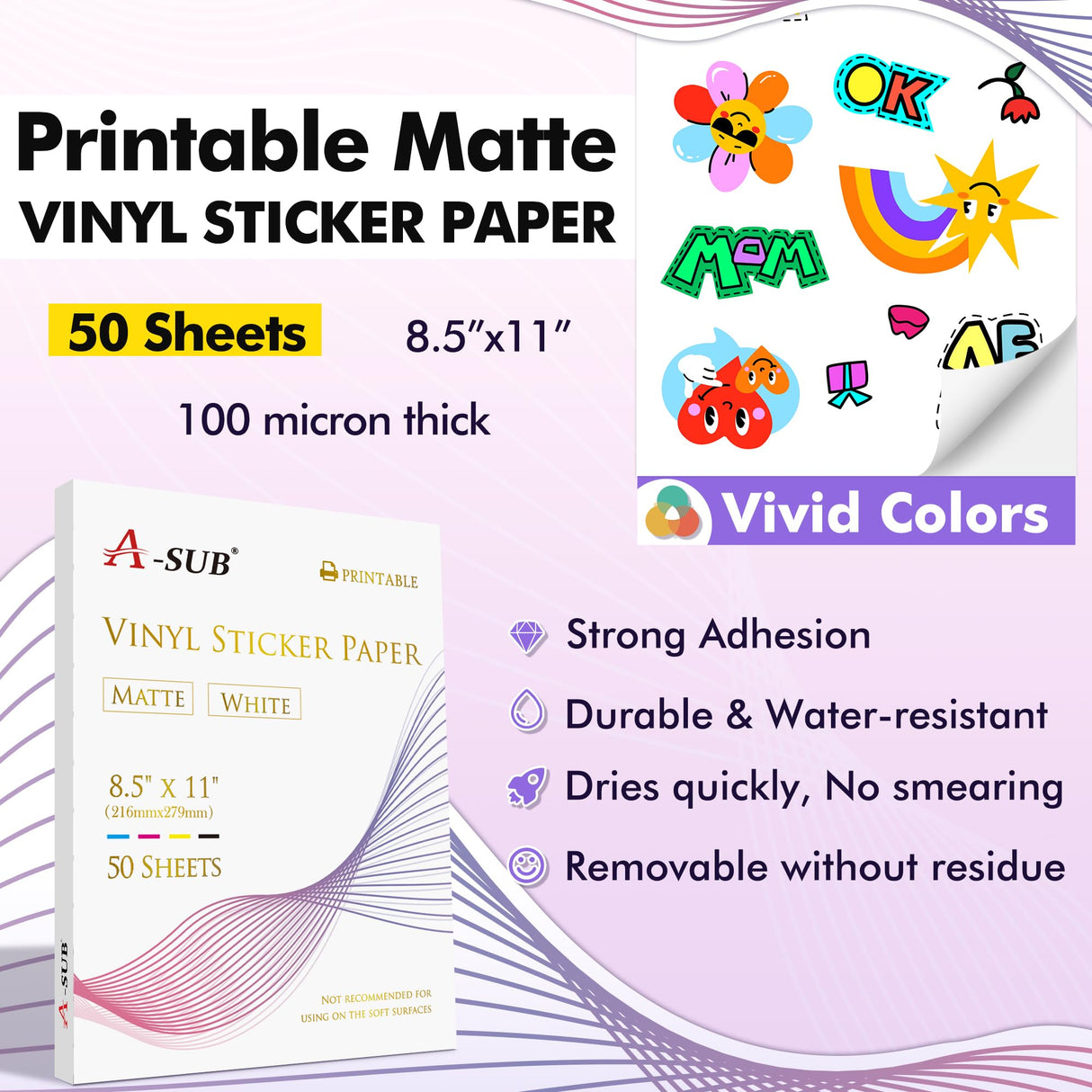 A-SUB Premium Printable Vinyl Sticker Paper for Inkjet Printers, 50 Sheets Matte White Waterproof Sticker Paper 8.5x11 Inch for Making Your Own Stickers at Home A-SUB