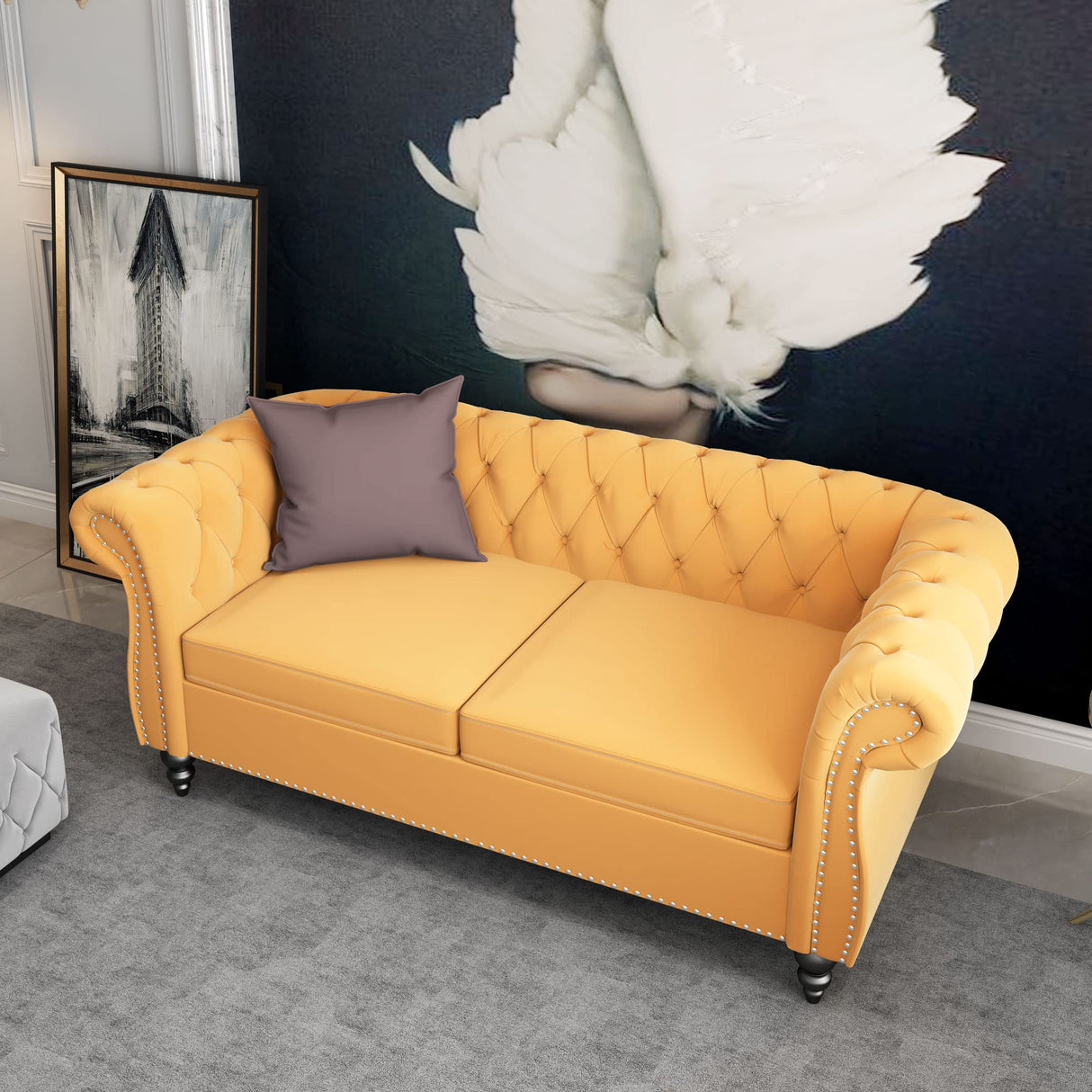 Chesterfield Loveseat, Modern Velvet Sofa Tufted Couch 2 Seater with Scroll Arms and Nailhead for Living Room, Bedroom, Office, Apartment (Mango) ORRD