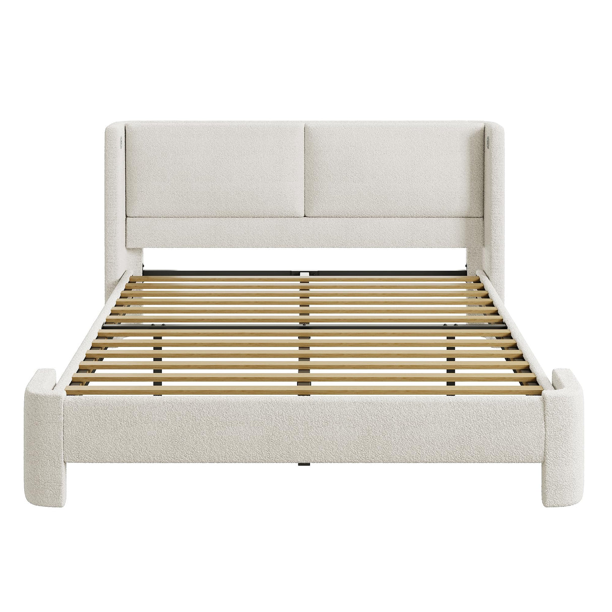 LIKIMIO Queen Bed Frame with Headboard, Upholstered Bed Frames with USB Ports, Base Cama Bed Frame No Box Spring Needed, Cream White LIKIMIO
