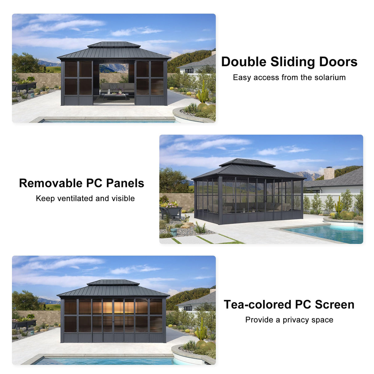 PURPLE LEAF 12' X 16' Solarium Sunroom with Light Permanent Hardtop Gazebo Galvanized Steel Double Roof Aluminum Outdoor Screen House for Lawn Deck Backyard Grey PURPLE LEAF