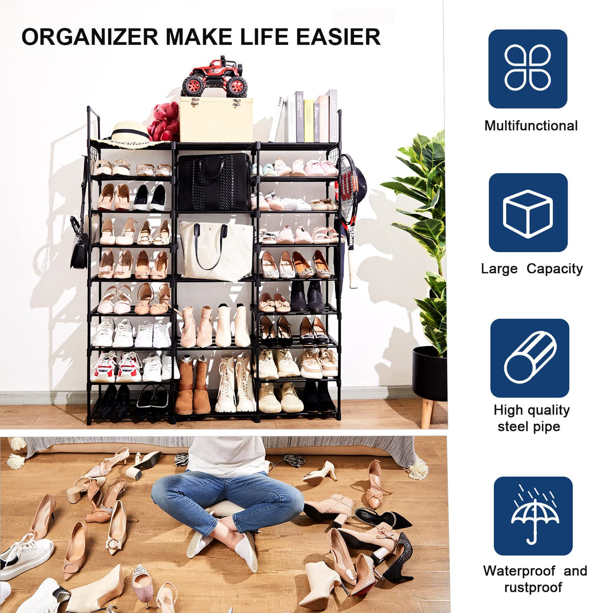 Mavivegue 9-Tier Metal Shoe Rack - Holds 50-55 Pairs, Tall Storage Shelf for Shoes, Boots, Entryway, Closet, Garage Mavivegue