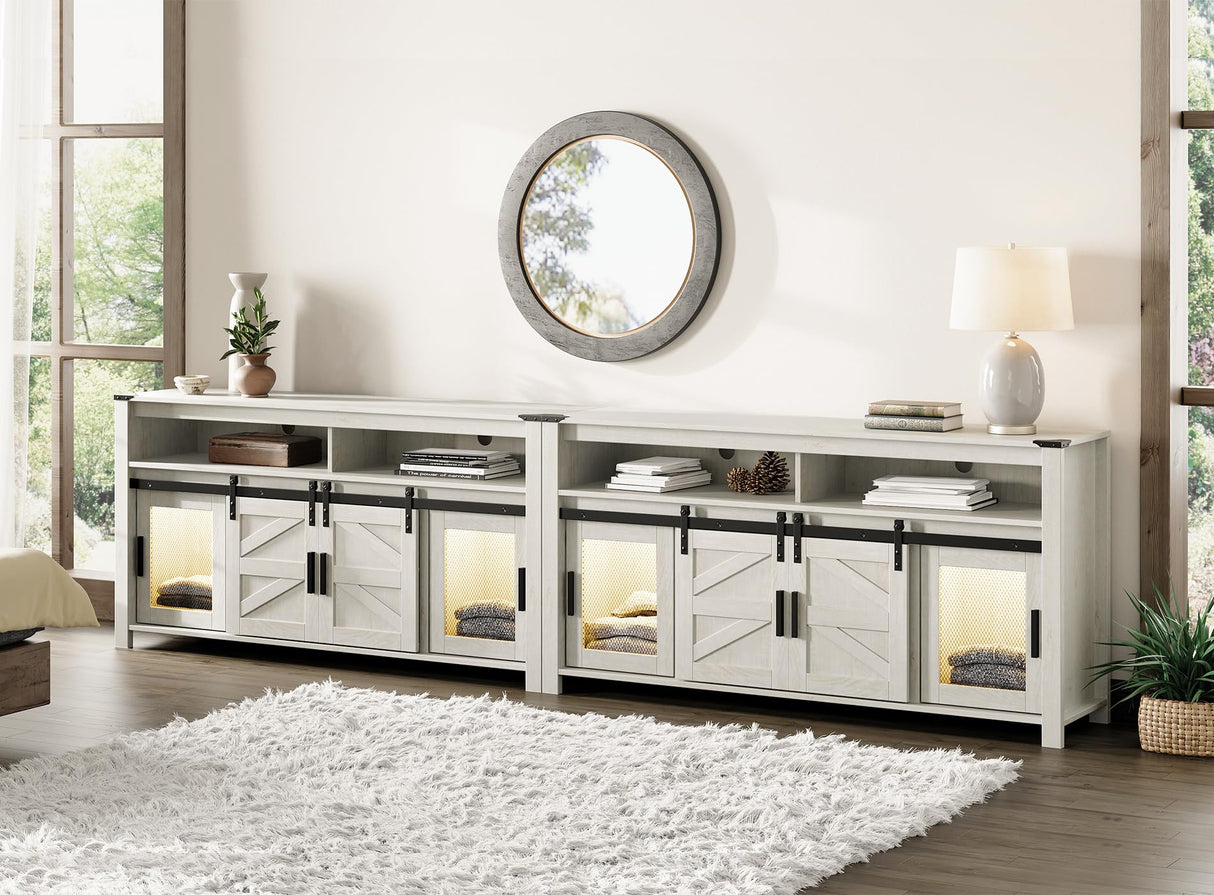 WAMPAT 2-in-1 TV Stand for 100+ Inch TVs, 31" Tall Farmhouse Entertainment Center with Rustic Mesh & Barn Doors, Wooden 118" Media Console with Adjustable Shelf & Yellow LED Lights, Antique White WAMPAT
