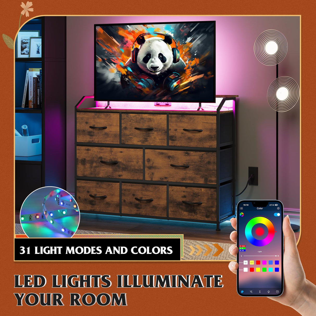 WLIVE Led Dresser for Bedroom, TV Stand for Bedroom with LED Lights and Power Outlet, Wide Chest of Drawers for Hallway, 8 Fabric Drawers for Living Room and Entryway, Rustic Brown WLIVE