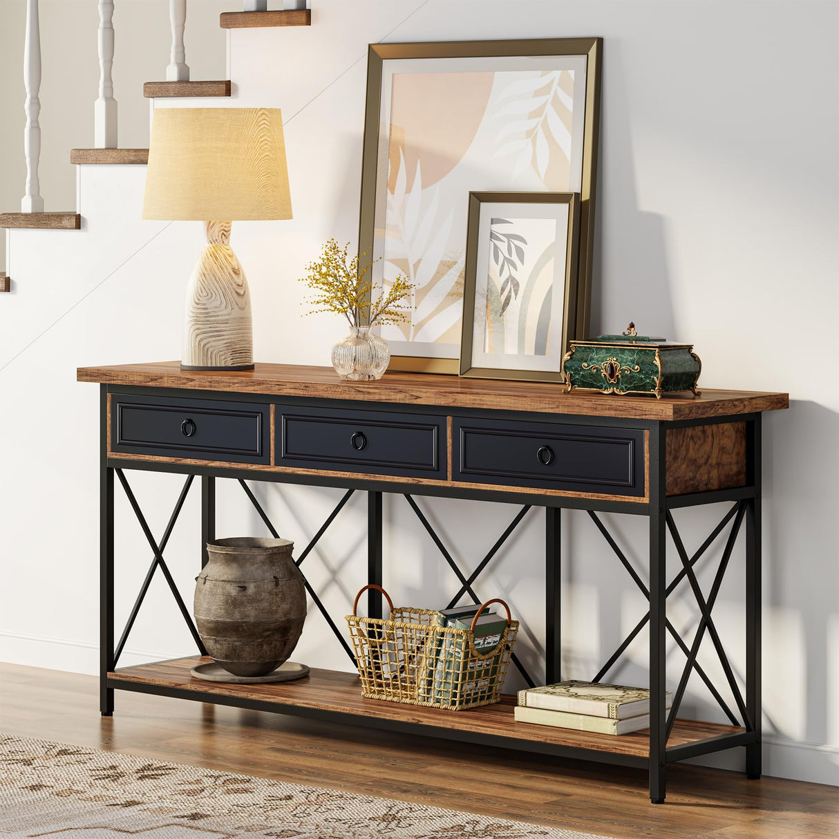 Tribesigns 70.8" Console Table with 3 Drawers, Farmhouse Entryway Table with Storage Shelf, Narrow Long Sofa Foyer Table for Entryway, Hallway (Brown/Black) Tribesigns
