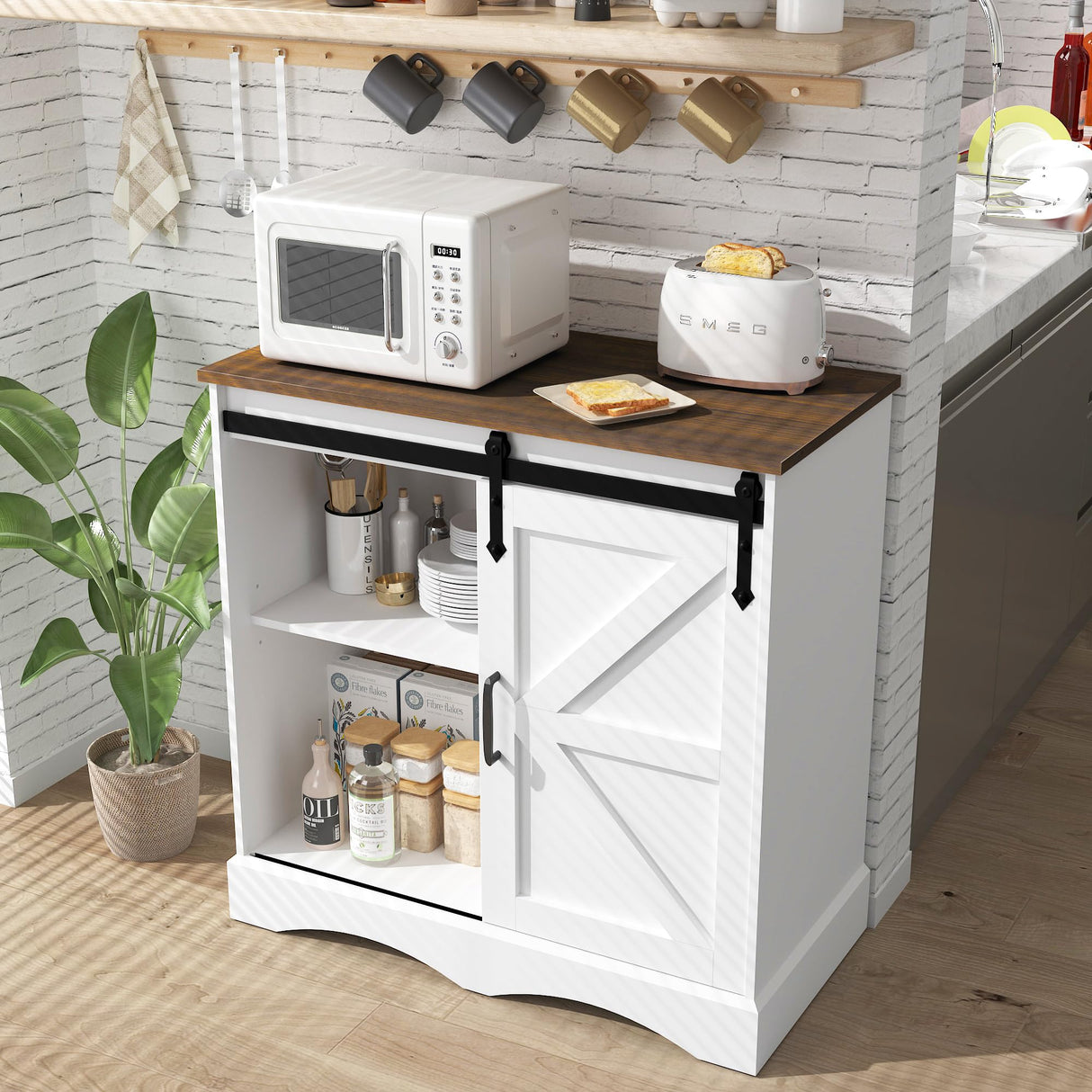 Hlivelood Farmhouse Coffee Bar Cabinet, White Buffet Storage Cabinet with Sliding Barn Door, 31.5” Kitchen Sideboard Accent Cabinet Adjustable Shelf, Dining Room Living Room Entryway, White & Brown Hlivelood