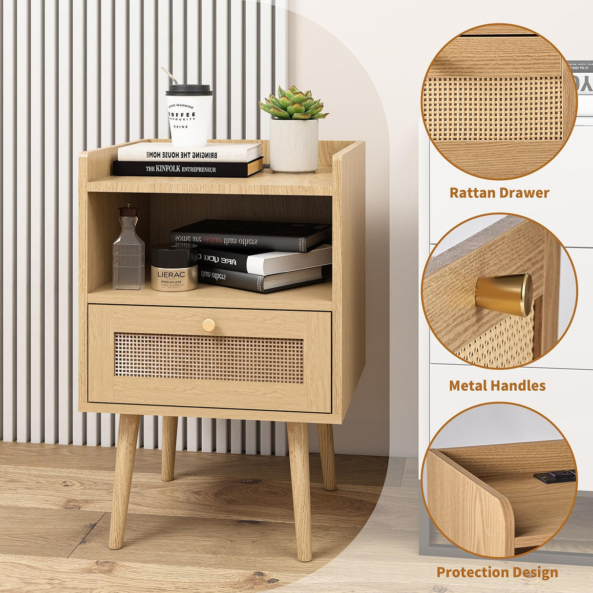 MECHYIN Rattan Nightstands Set of 2 with Charging Station, Bedside Tables Rattan Drawers Nightstands, Rattan End Table with Solid Wood Feet, Side Table Nightstands sets for Bedroom MECHYIN