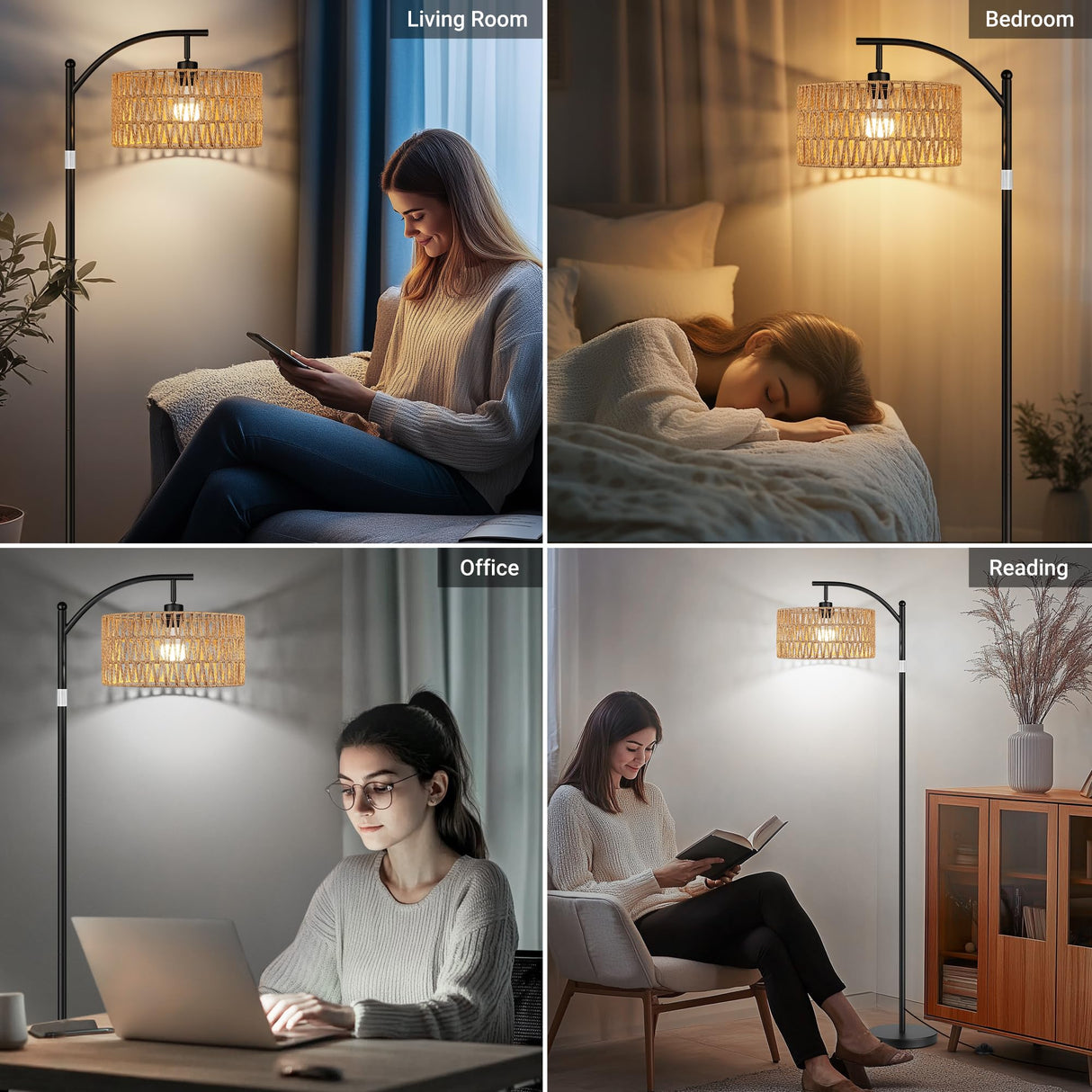 ROTTOGOON Rattan Floor Lamps for Living Room, Boho Standing Lamps with Rattan Shade, Arc Lamps Floor Standing with 9W Bulb, Foot Switch, Black Bohemian Floor Lamps for Bedroom, Office-Drum ROTTOGOON