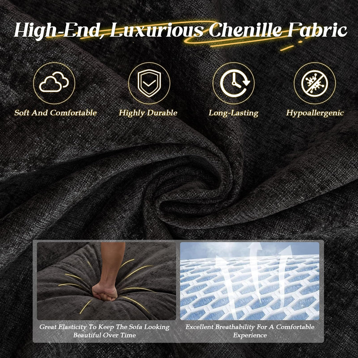 SAMERY Modular Sectional Sofa, 113" L Shaped Couch Set for Living Room Comfy Cloud Couch with Movable Ottoman, Extra Deep Seat Sofa Sleeper with 5 Pillows, Black Chenille 3-Seater Sofa SAMERY