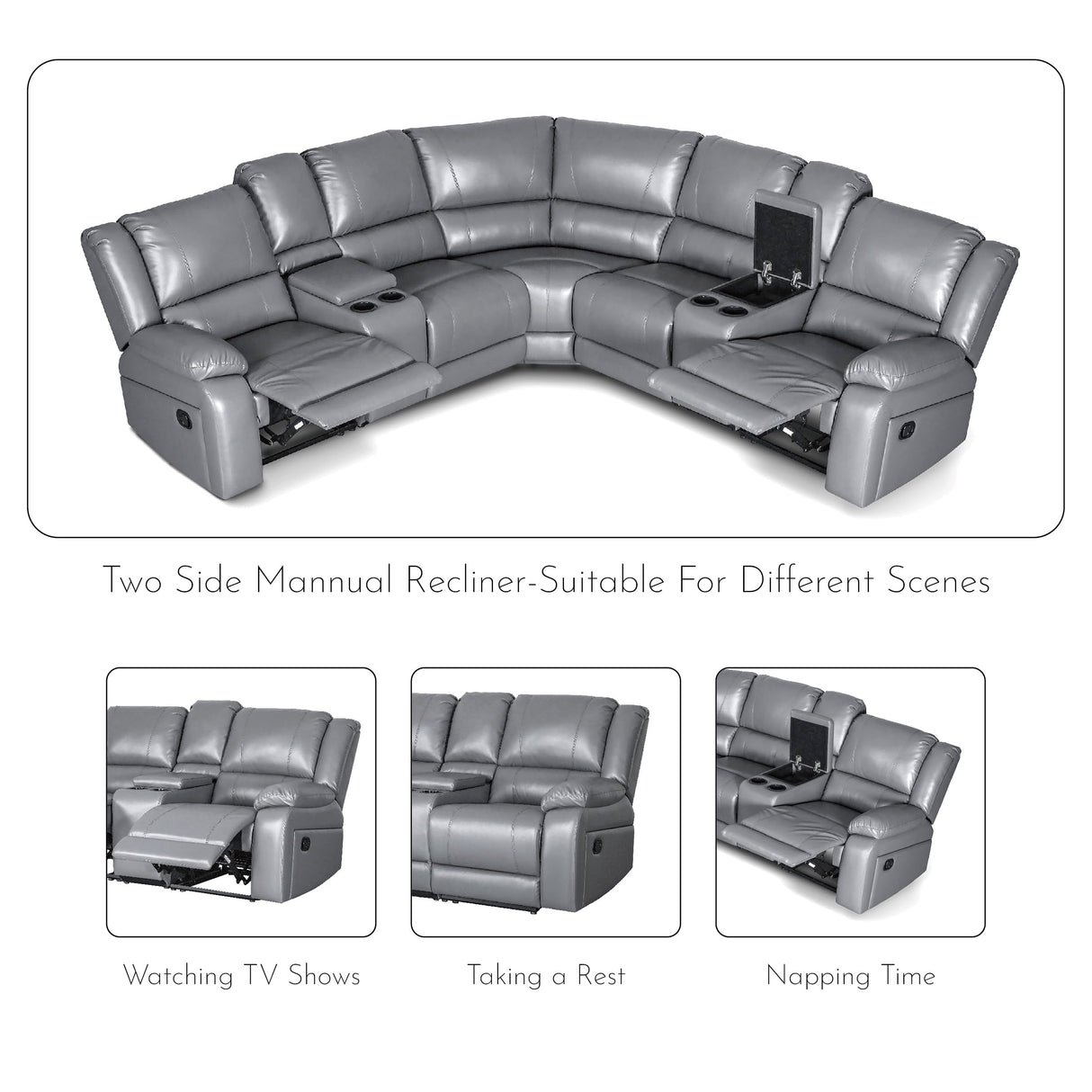 UR livingroom Modular Sectional Sofa PU Leather Manual Recliner Sofa Symmetrical Sectional Couches for Living Room Livingroom Furniture Sets, Grey UR livingroom